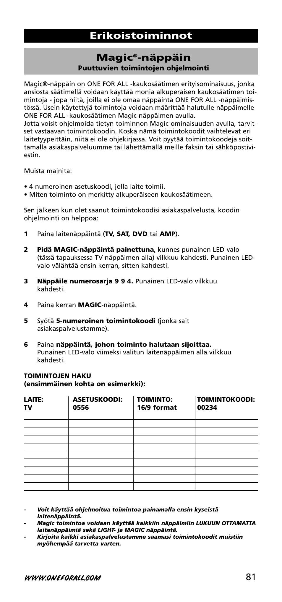 81 magic, Näppäin, Erikoistoiminnot | One for All URC-3740 User Manual | Page 81 / 186