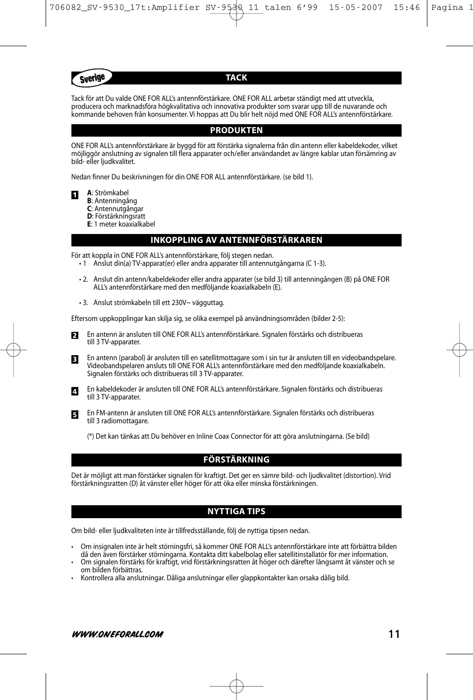 Sverige | One for All SV-9530 User Manual | Page 13 / 26