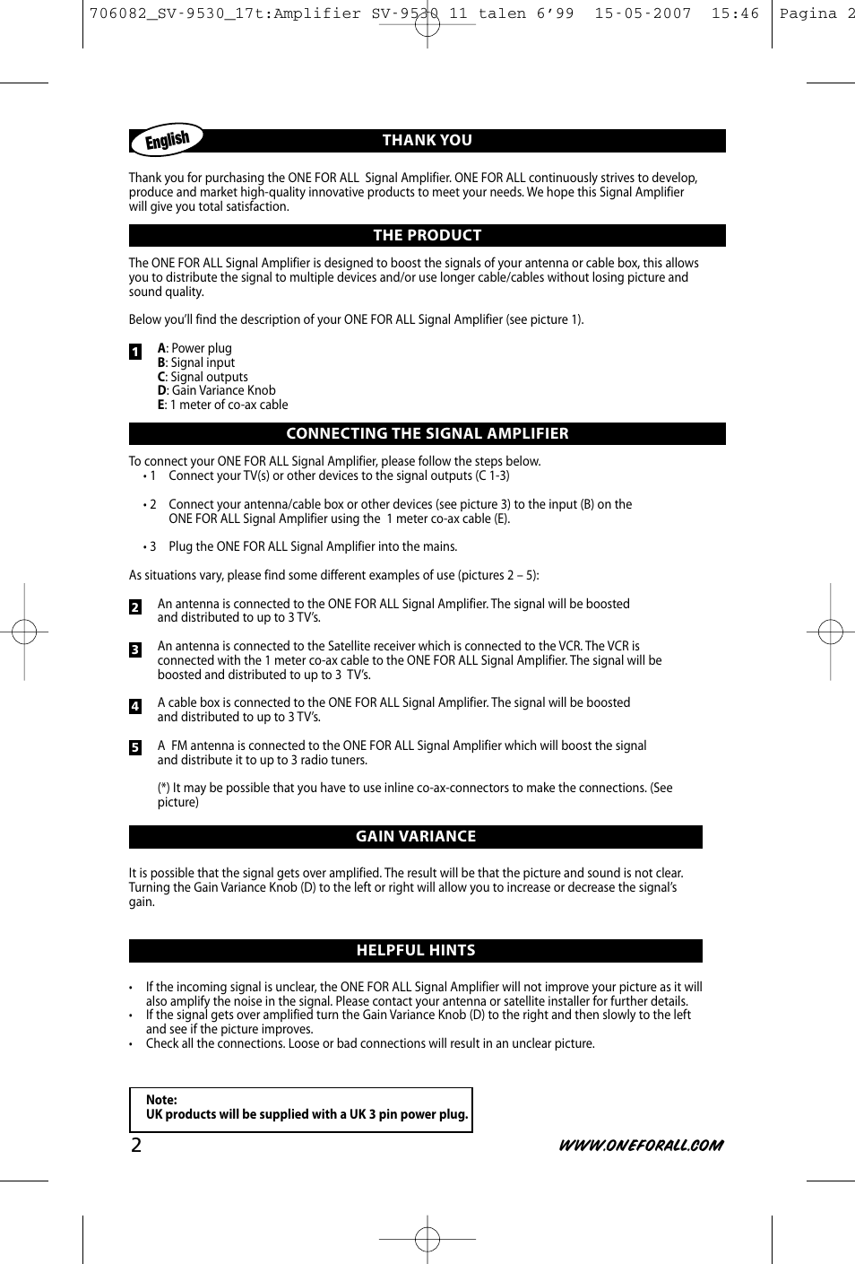 English | One for All SV-9530 User Manual | Page 4 / 26