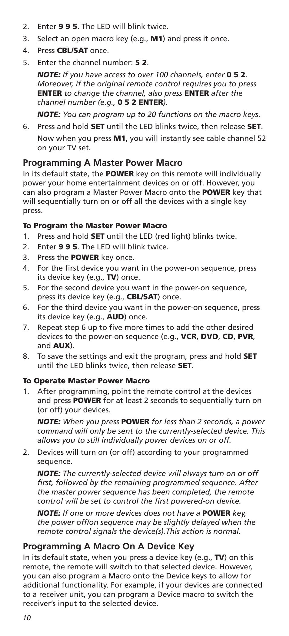 Programming a master power macro, Programming a macro on a device key | One for All URC8820N User Manual | Page 10 / 34