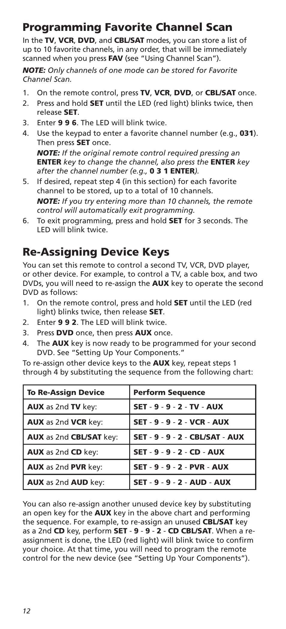 Programming favorite channel scan, Re-assigning device keys | One for All URC8820N User Manual | Page 12 / 34