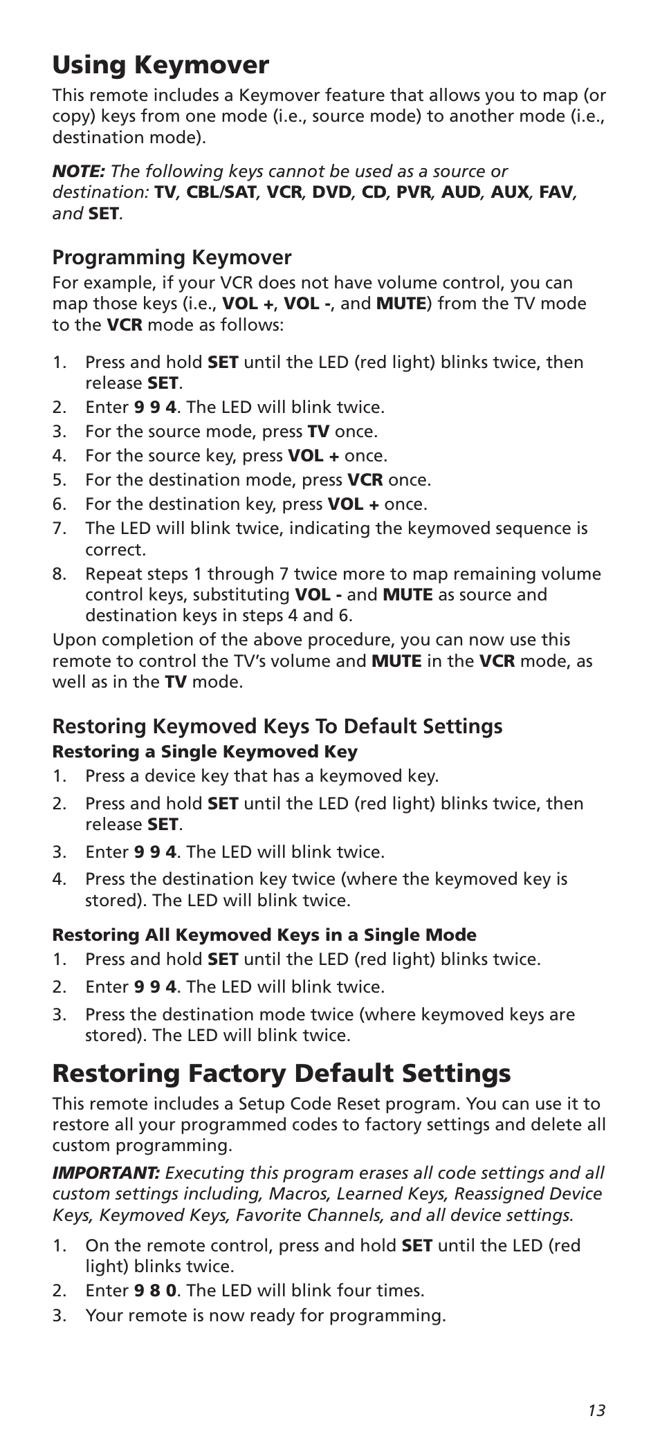 Using keymover, Restoring factory default settings, Programming keymover | Restoring keymoved keys to default settings | One for All URC8820N User Manual | Page 13 / 34