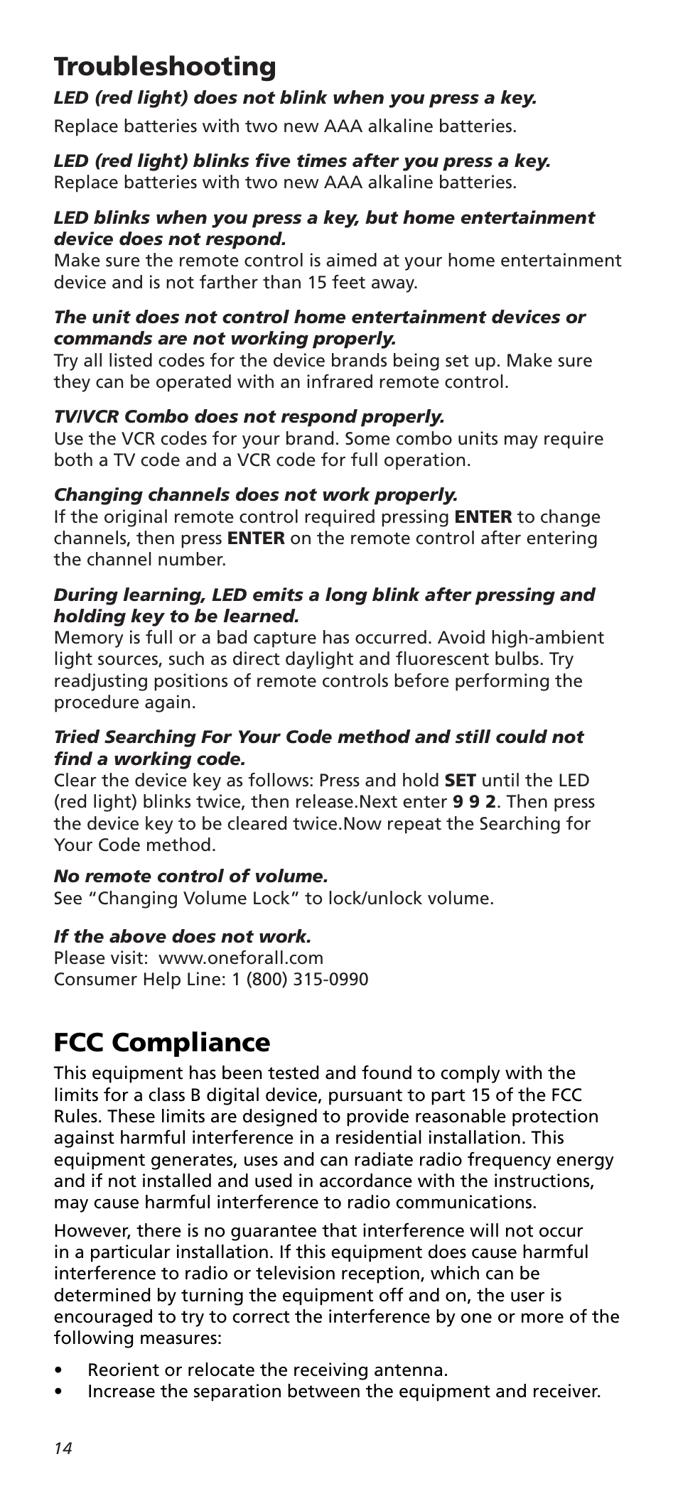 Troubleshooting, Fcc compliance | One for All URC8820N User Manual | Page 14 / 34