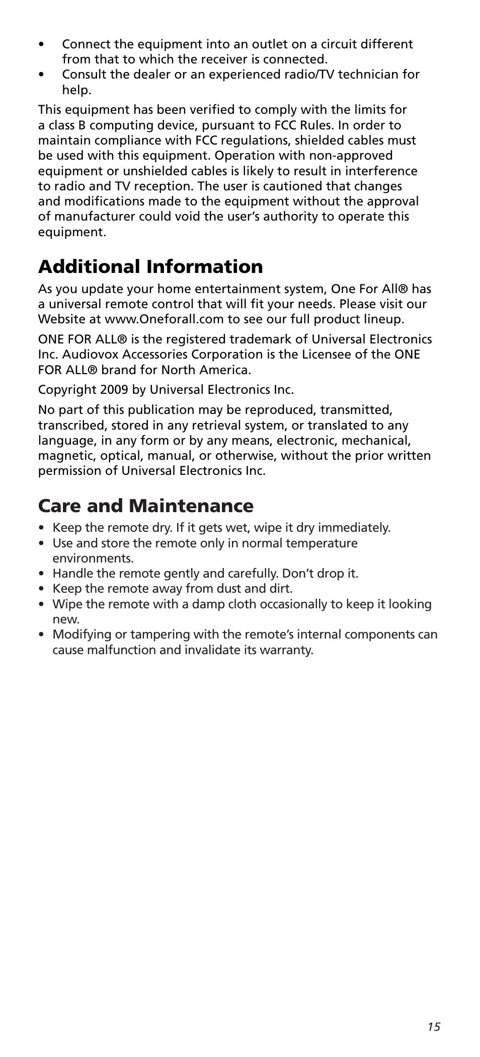 Additional information, Care and maintenance | One for All URC8820N User Manual | Page 15 / 34