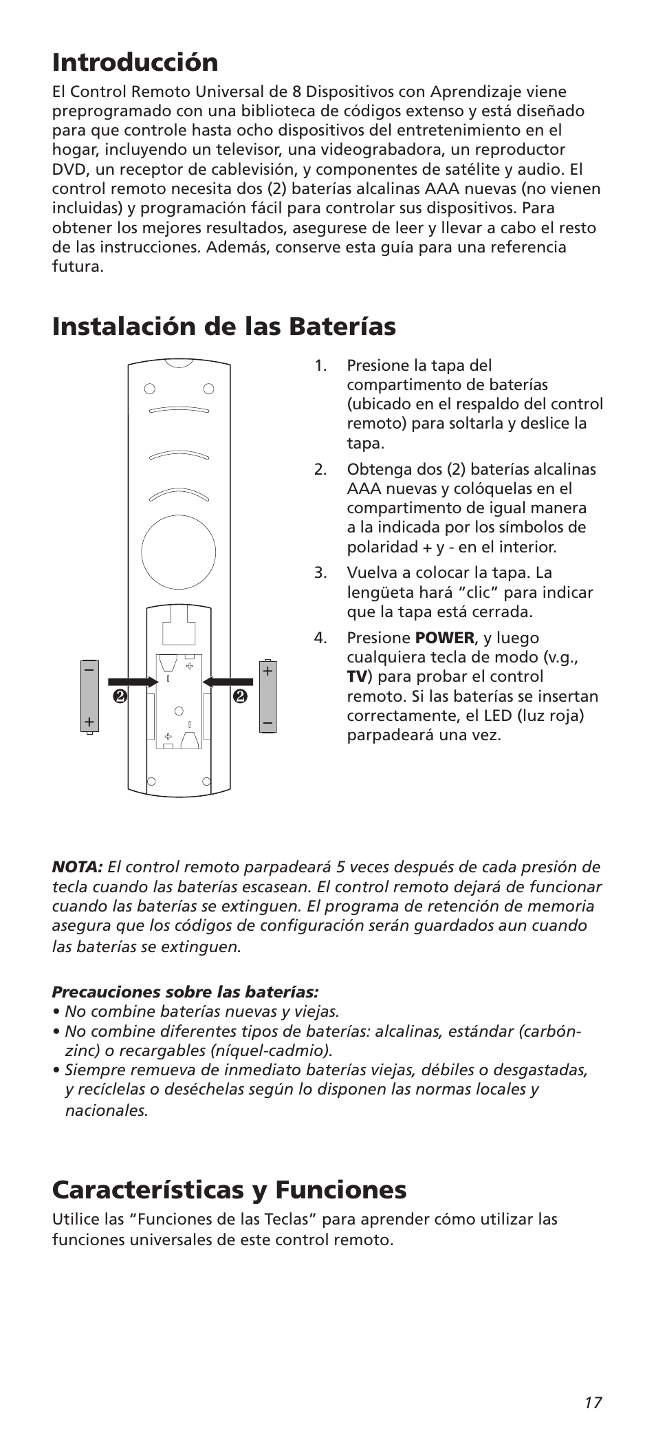 Introducción, Instalación de las baterías, Características y funciones | One for All URC8820N User Manual | Page 17 / 34