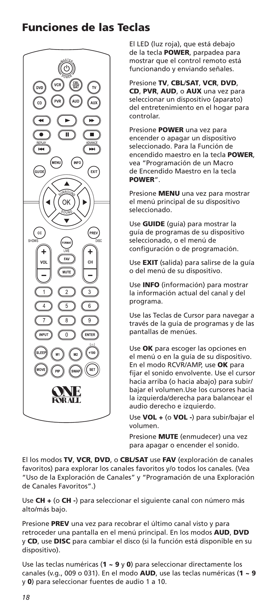 Funciones de las teclas | One for All URC8820N User Manual | Page 18 / 34