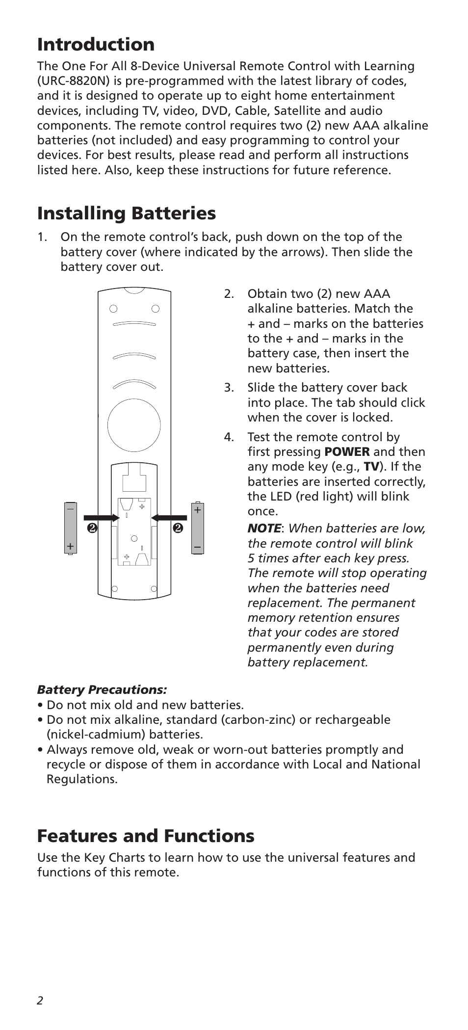 Introduction, Installing batteries, Features and functions | One for All URC8820N User Manual | Page 2 / 34