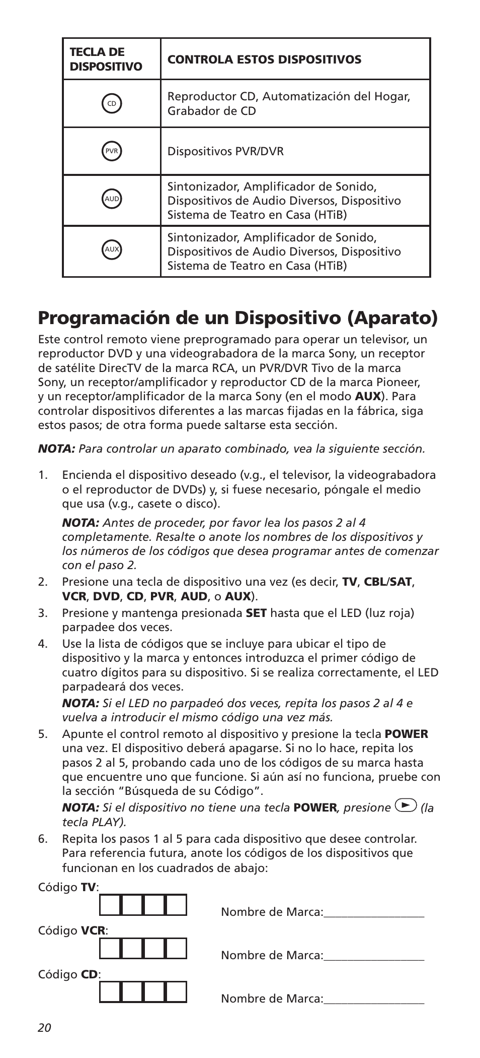 Programación de un dispositivo (aparato) | One for All URC8820N User Manual | Page 20 / 34