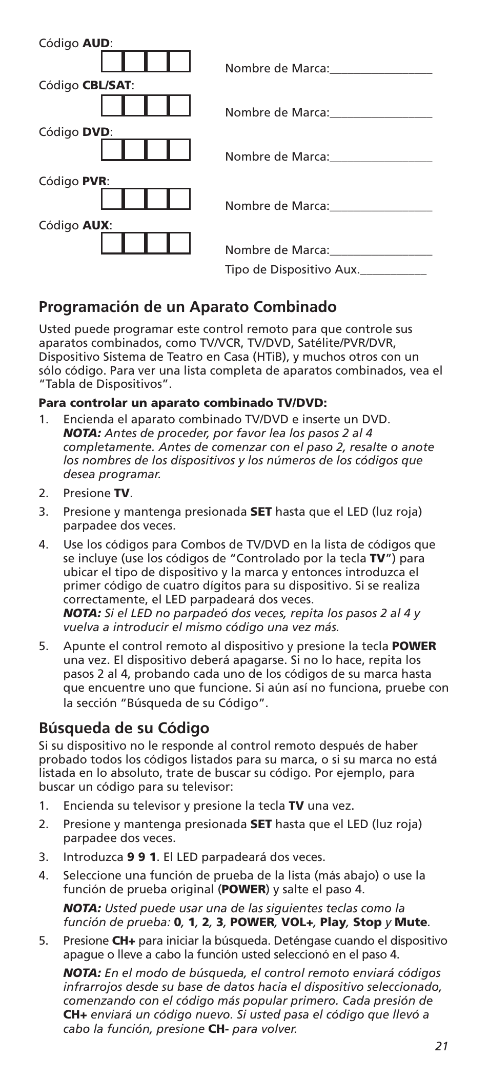 Programación de un aparato combinado, Búsqueda de su código | One for All URC8820N User Manual | Page 21 / 34