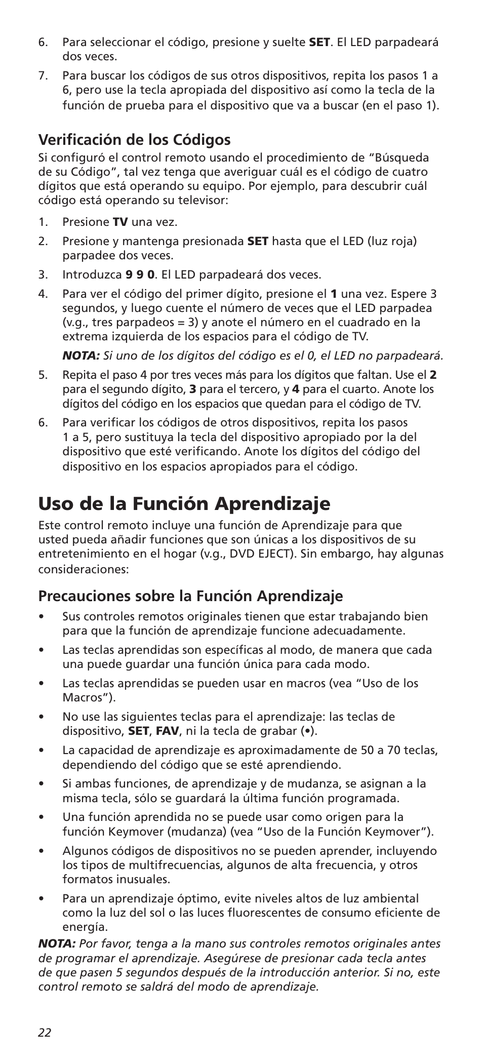 Uso de la función aprendizaje, Verificación de los códigos, Precauciones sobre la función aprendizaje | One for All URC8820N User Manual | Page 22 / 34