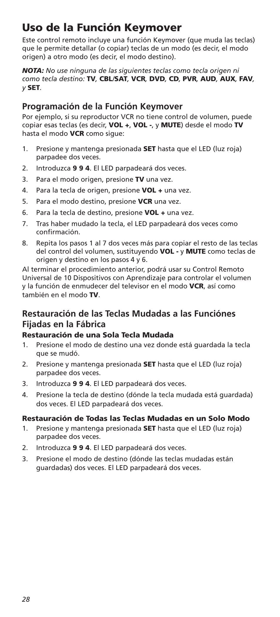 Uso de la función keymover, Programación de la función keymover | One for All URC8820N User Manual | Page 28 / 34