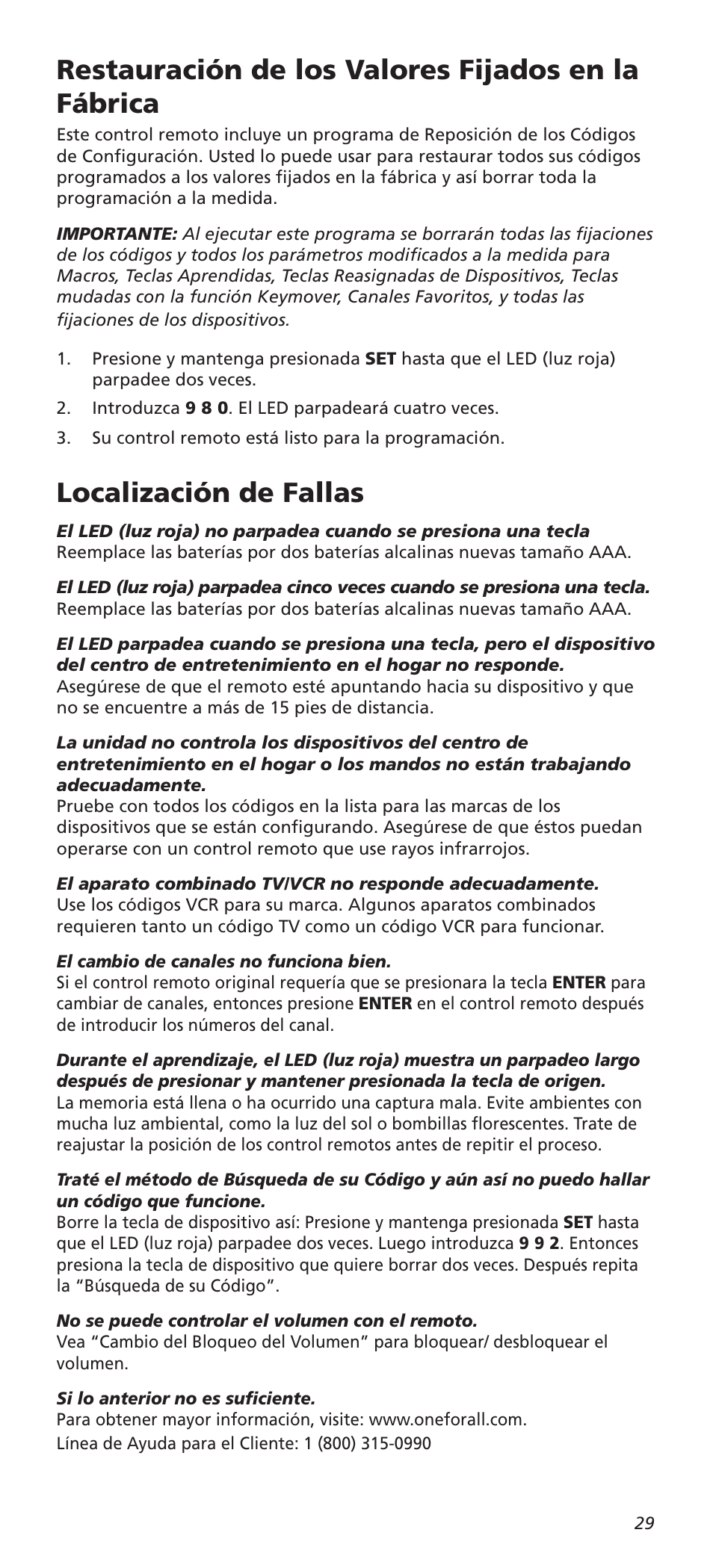 Restauración de los valores fijados en la fábrica, Localización de fallas | One for All URC8820N User Manual | Page 29 / 34