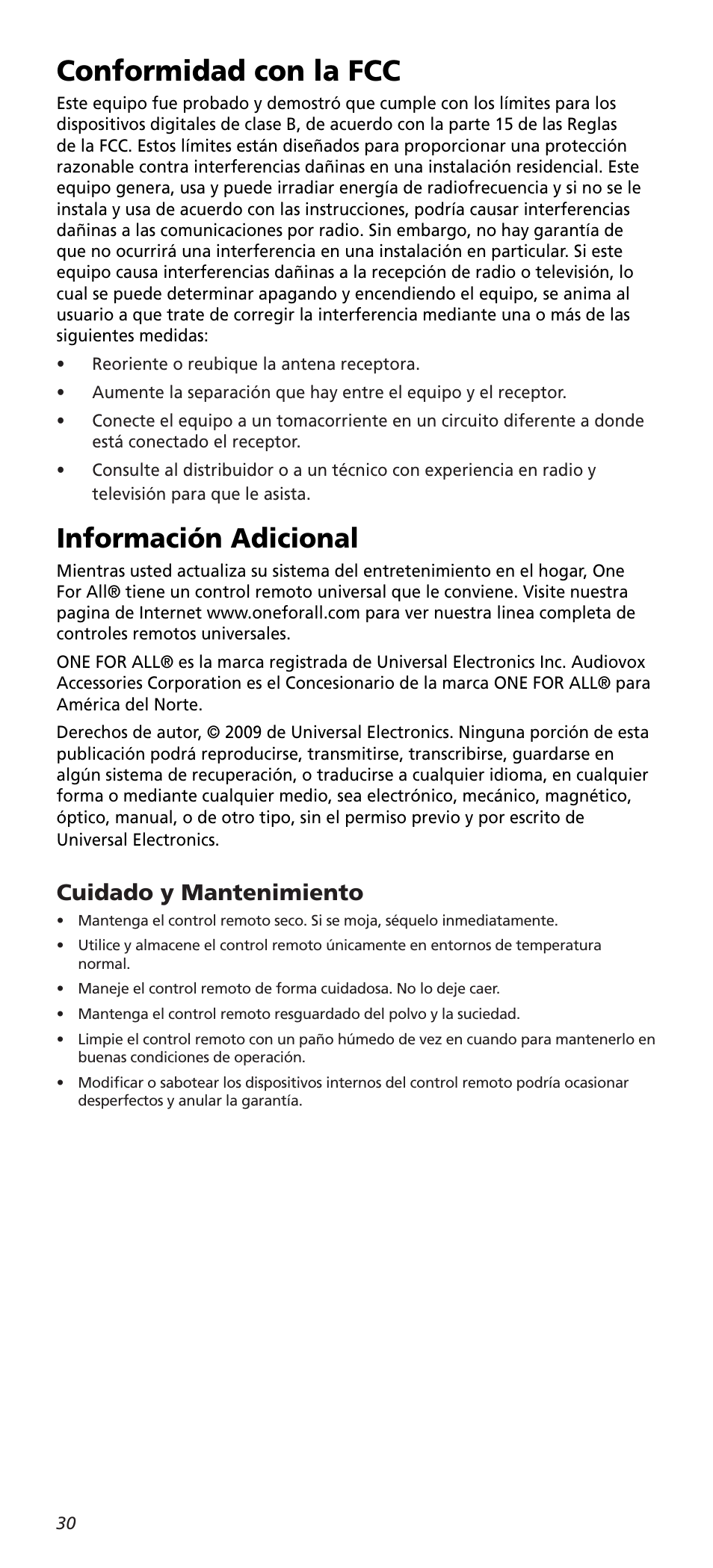 Conformidad con la fcc, Información adicional, Cuidado y mantenimiento | One for All URC8820N User Manual | Page 30 / 34