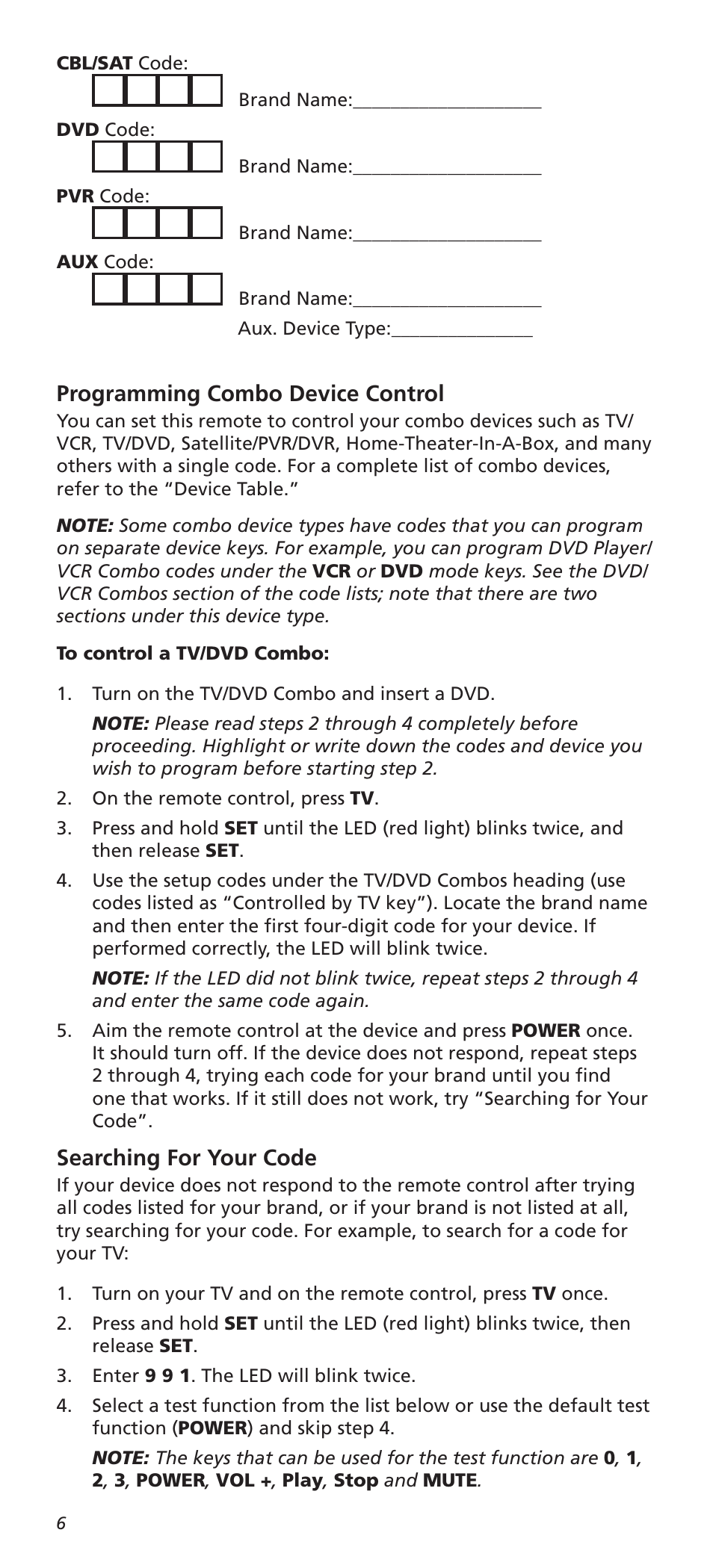 Programming combo device control, Searching for your code | One for All URC8820N User Manual | Page 6 / 34