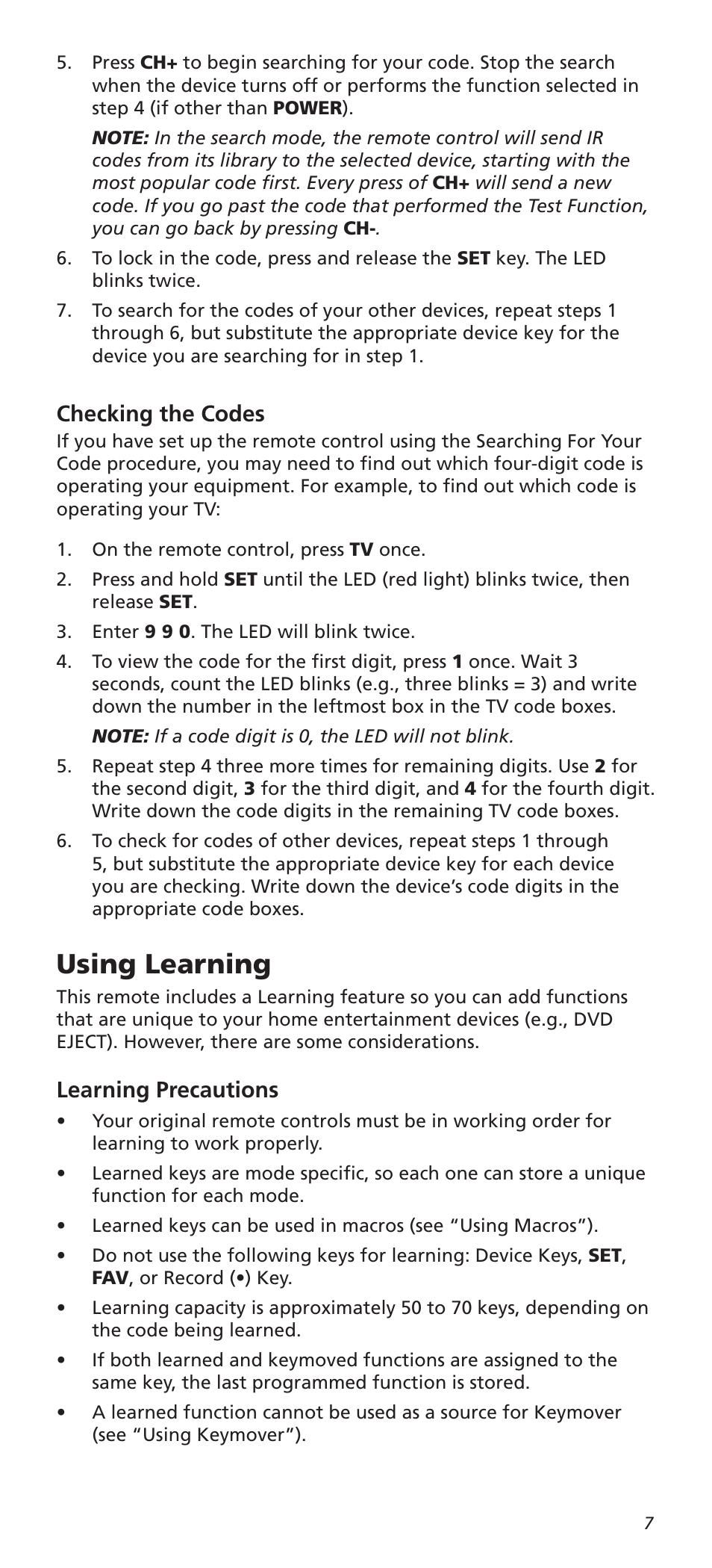 Using learning, Checking the codes, Learning precautions | One for All URC8820N User Manual | Page 7 / 34