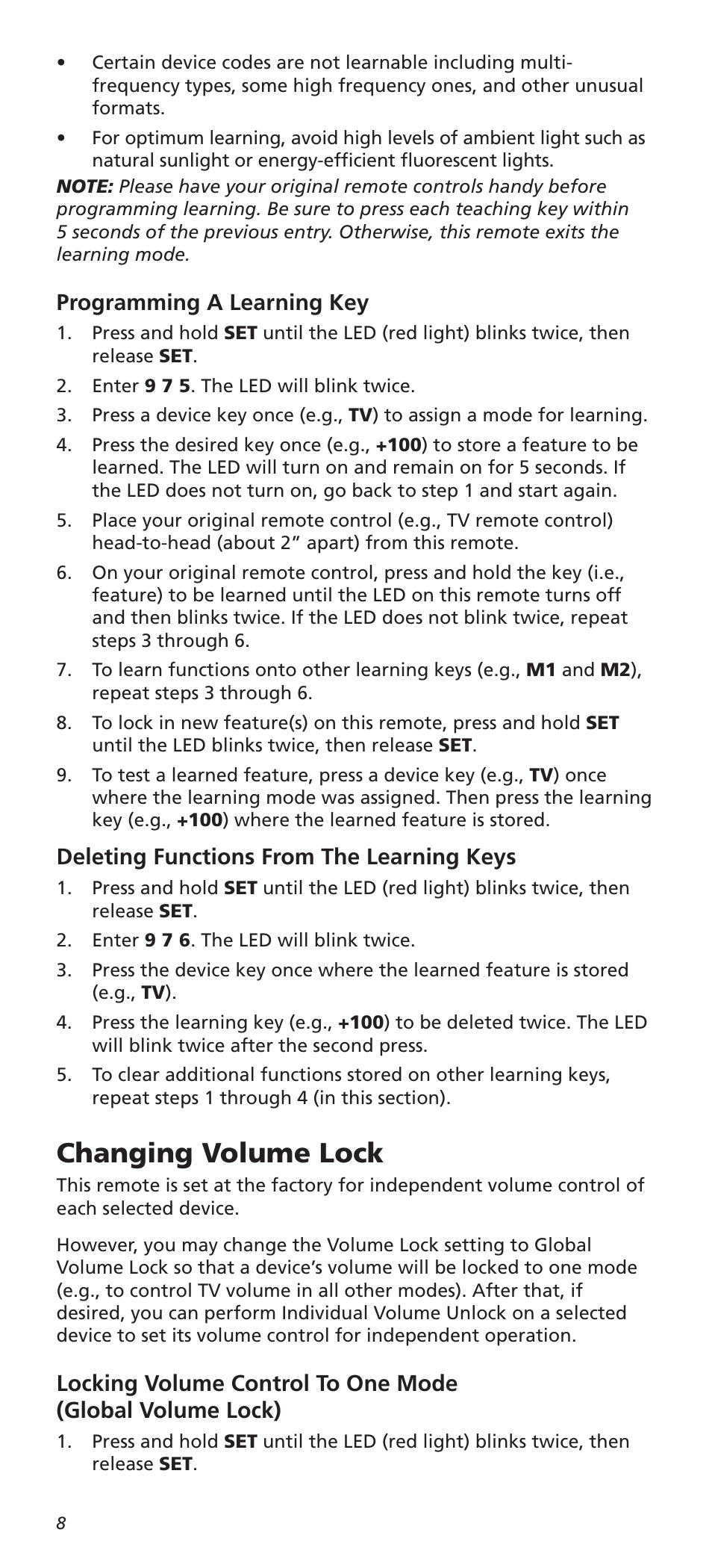 Changing volume lock, Programming a learning key, Deleting functions from the learning keys | One for All URC8820N User Manual | Page 8 / 34