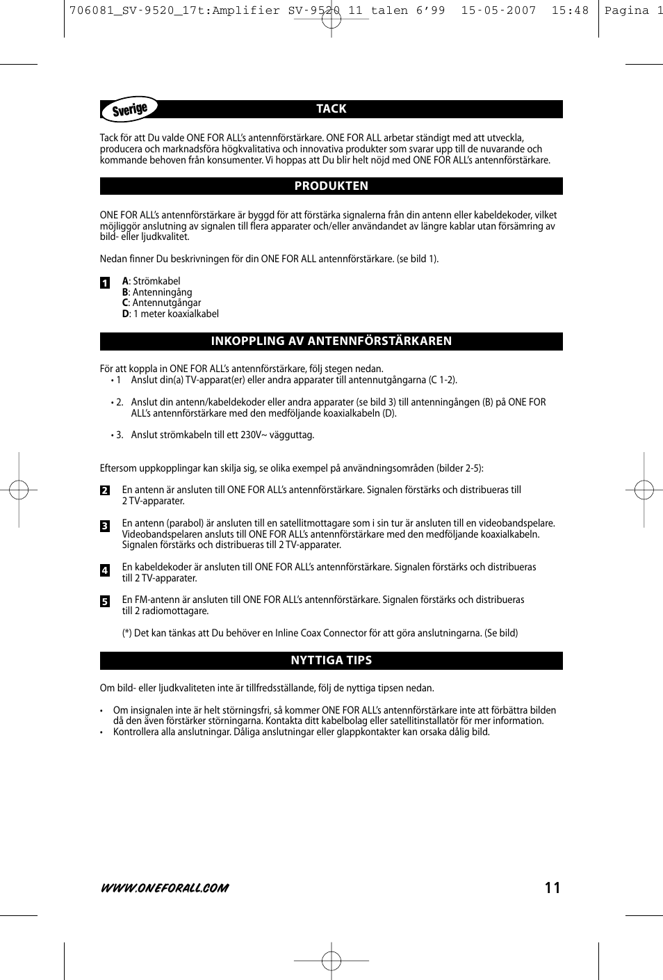 Sverige | One for All SV-9520 User Manual | Page 13 / 26