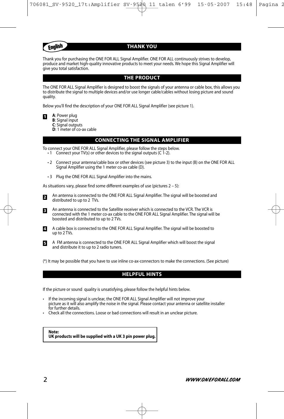 English | One for All SV-9520 User Manual | Page 4 / 26