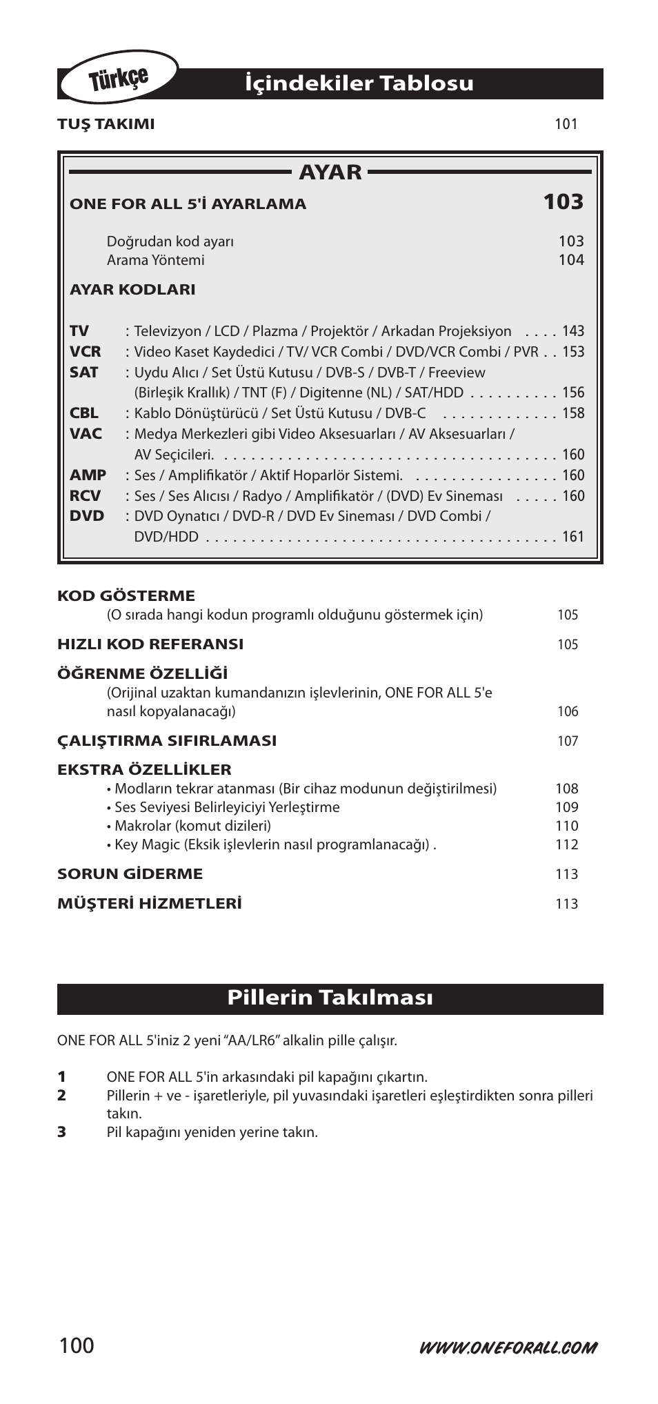 Türkçe, Ayar, Içindekiler tablosu | Pillerin takılması | One for All 704918 User Manual | Page 100 / 168