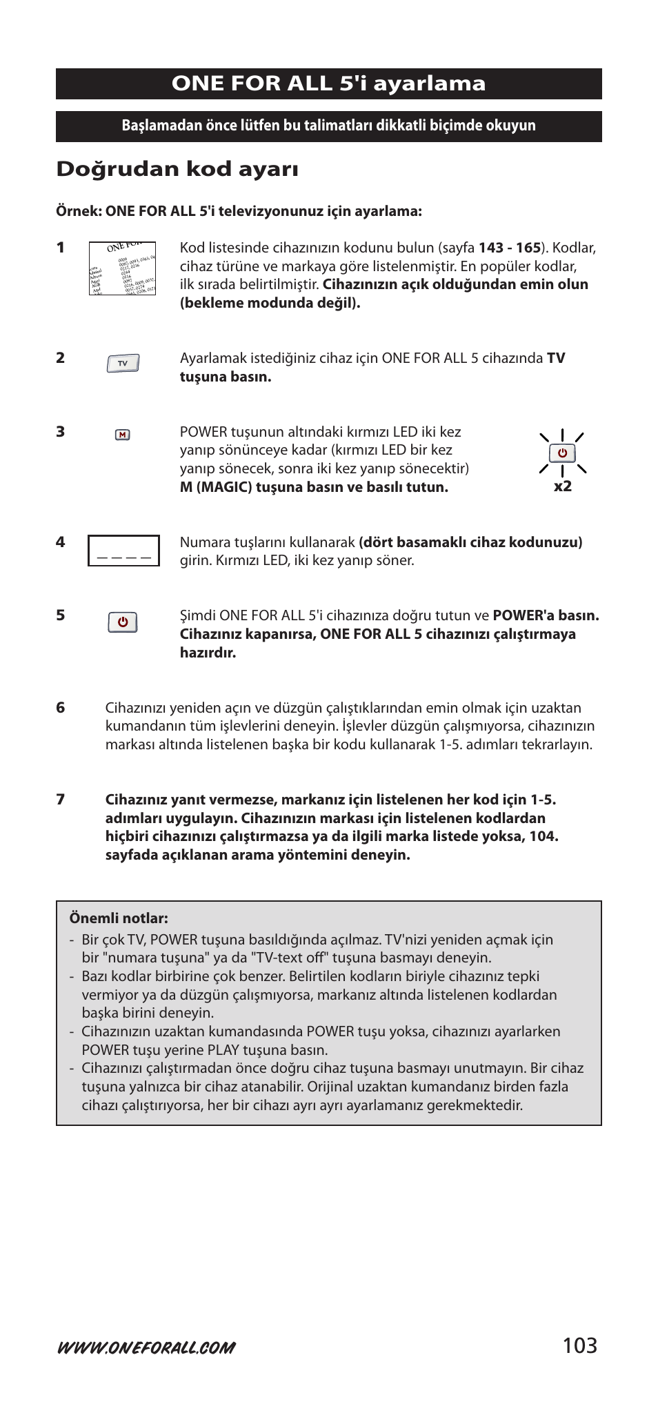 103 doğrudan kod ayarı, One for all 5'i ayarlama, Önemli notlar | One for All 704918 User Manual | Page 103 / 168