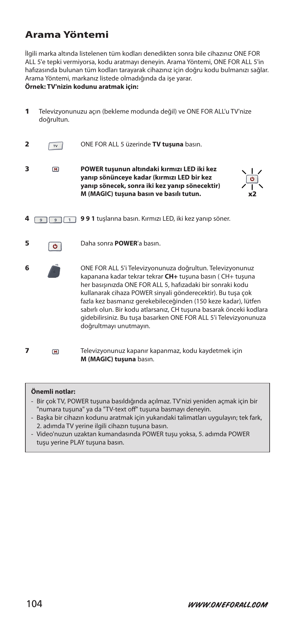 Arama yöntemi | One for All 704918 User Manual | Page 104 / 168