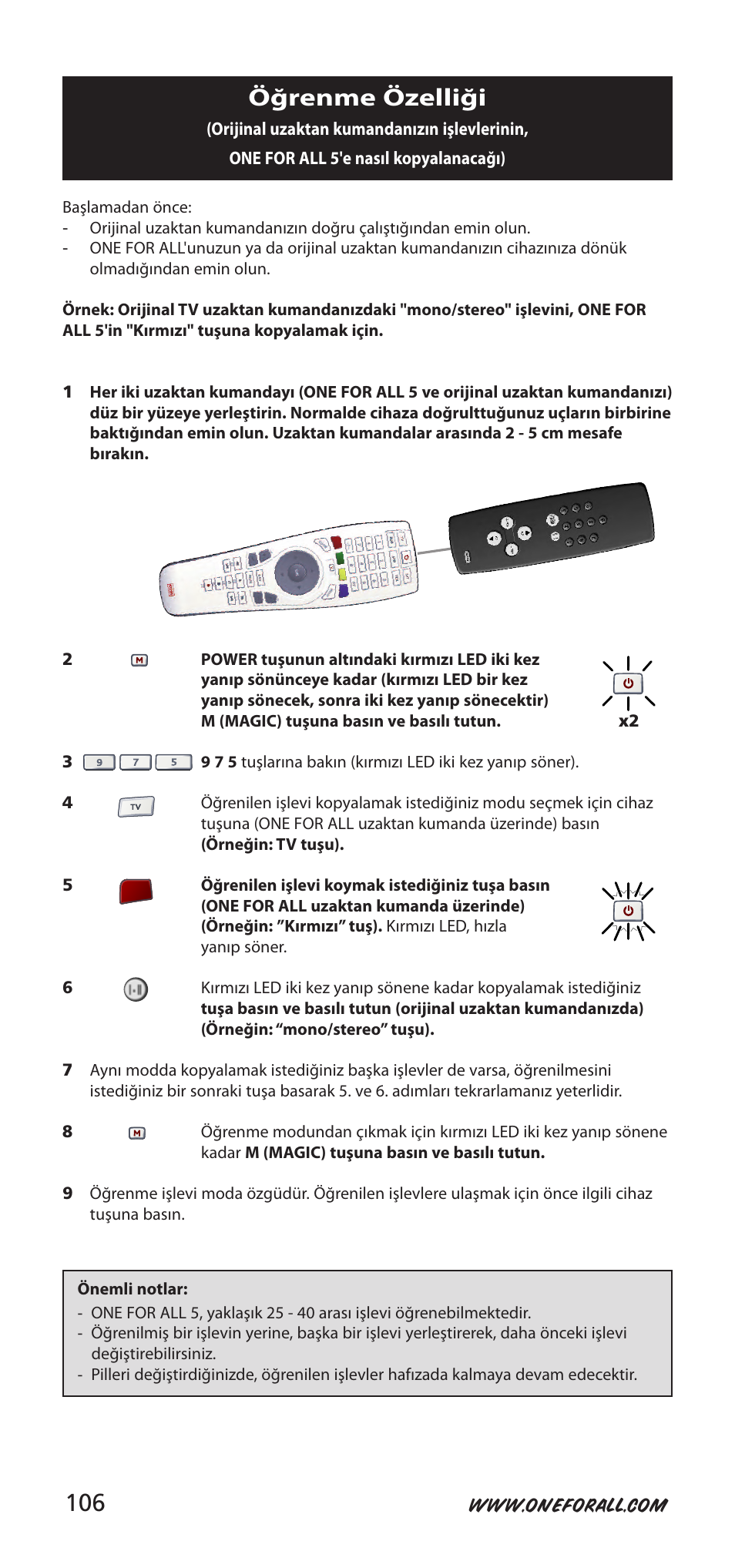 Öğrenme özelliği | One for All 704918 User Manual | Page 106 / 168