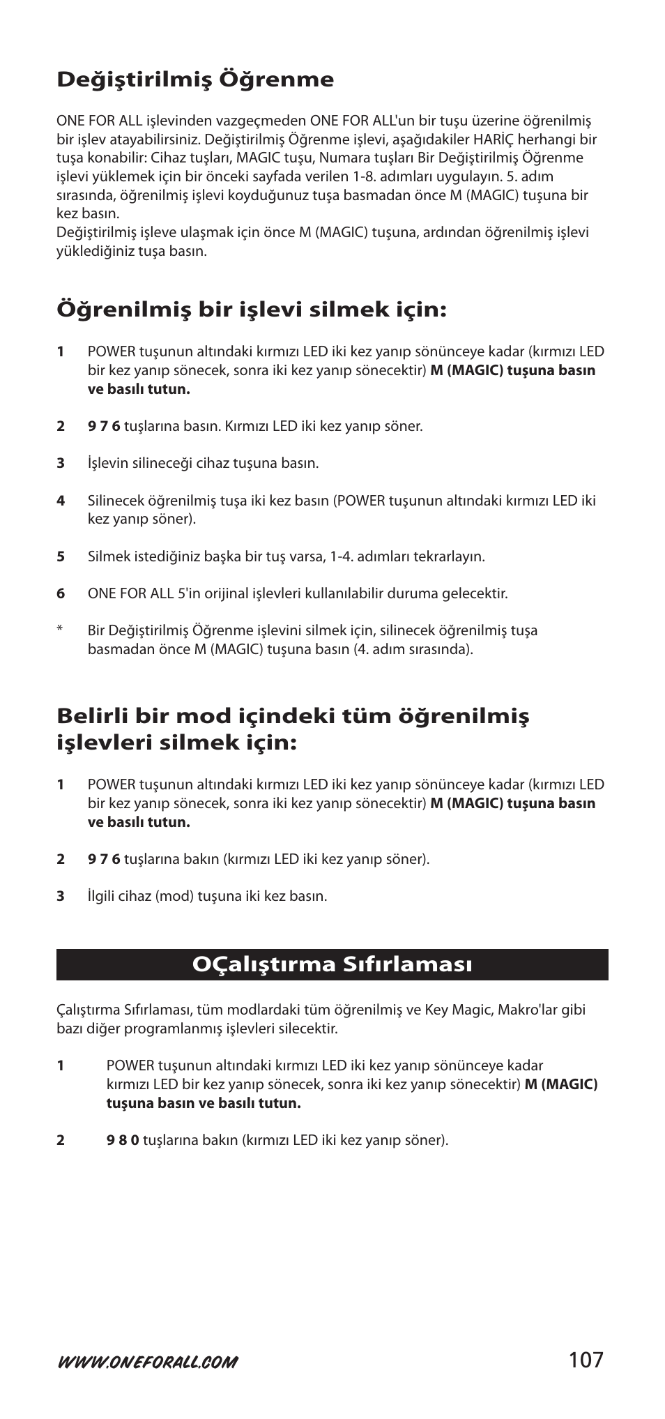 107 değiştirilmiş öğrenme, Öğrenilmiş bir işlevi silmek için, Oçalıştırma sıfırlaması | One for All 704918 User Manual | Page 107 / 168