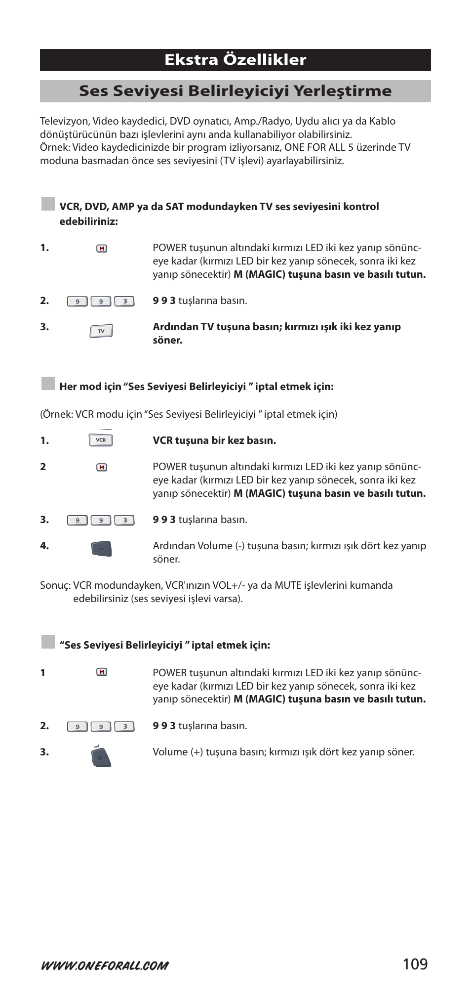 109 ses seviyesi belirleyiciyi yerleştirme, Ekstra özellikler | One for All 704918 User Manual | Page 109 / 168