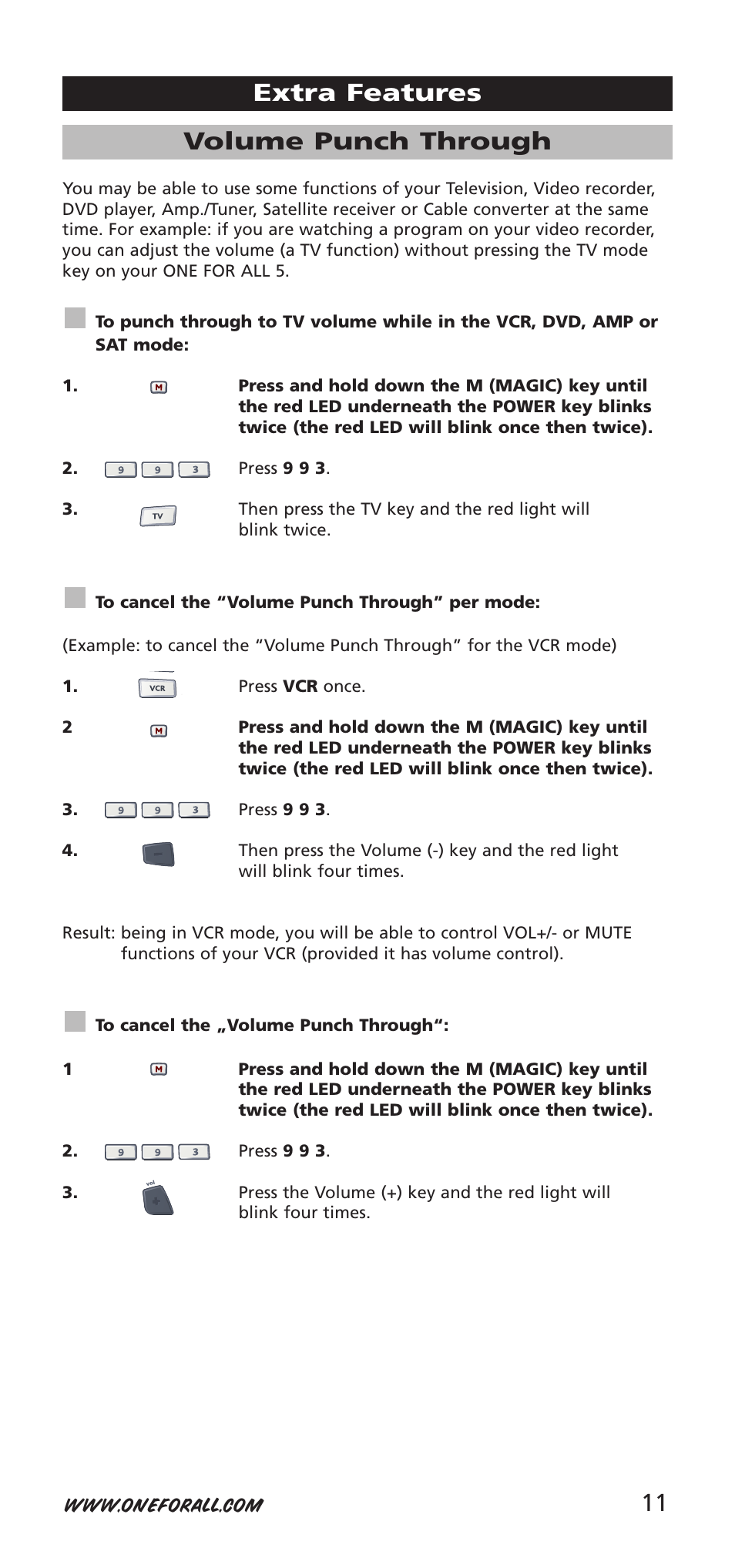 11 volume punch through, Extra features | One for All 704918 User Manual | Page 11 / 168