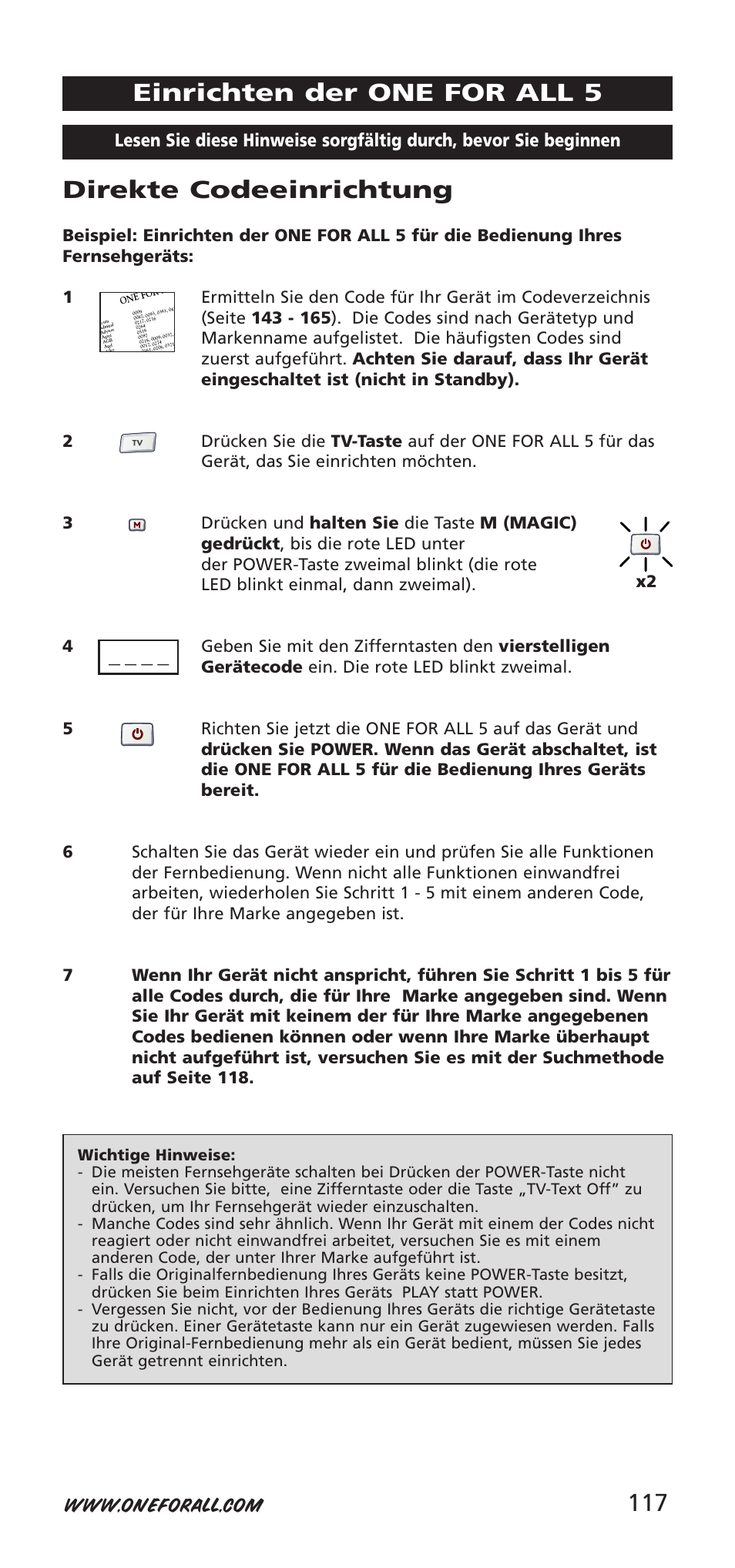 117 direkte codeeinrichtung, Einrichten der one for all 5 | One for All 704918 User Manual | Page 117 / 168