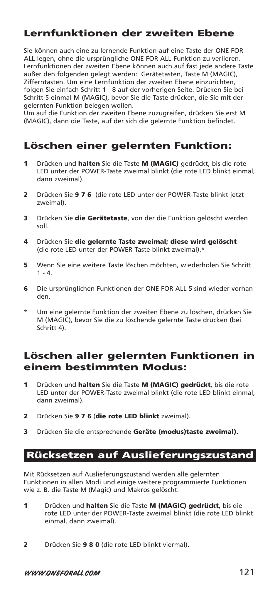 121 lernfunktionen der zweiten ebene, Löschen einer gelernten funktion, Rücksetzen auf auslieferungszustand | One for All 704918 User Manual | Page 121 / 168