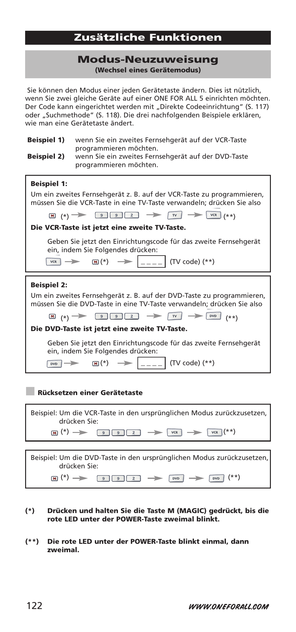 Zusätzliche funktionen modus-neuzuweisung | One for All 704918 User Manual | Page 122 / 168