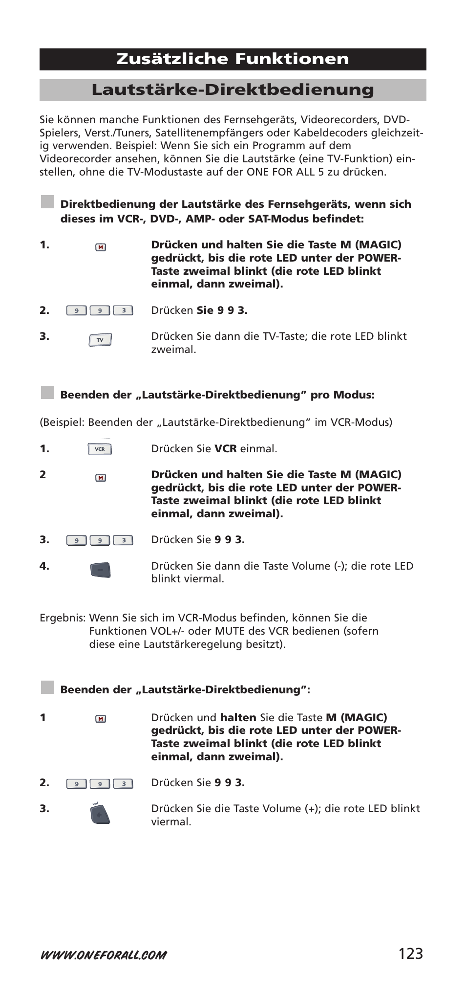 123 lautstärke-direktbedienung, Zusätzliche funktionen | One for All 704918 User Manual | Page 123 / 168