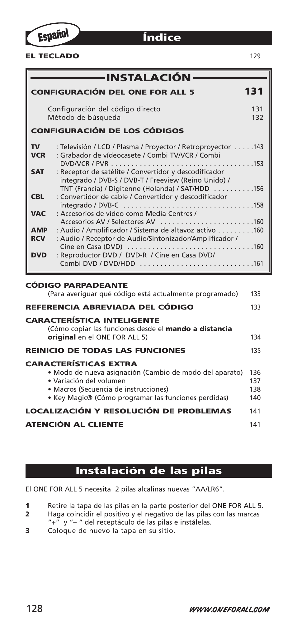 Español, Instalación, Índice | Instalación de las pilas | One for All 704918 User Manual | Page 128 / 168