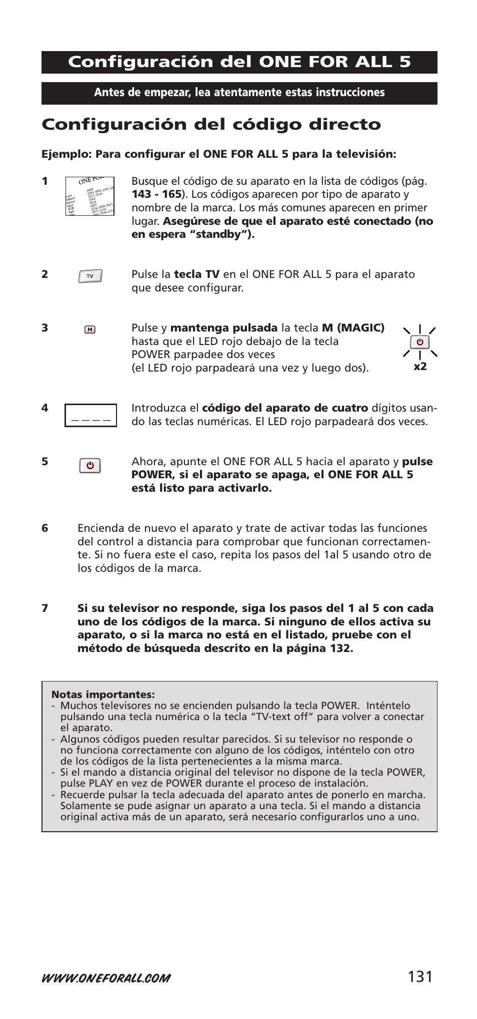 131 configuración del código directo, Configuración del one for all 5 | One for All 704918 User Manual | Page 131 / 168