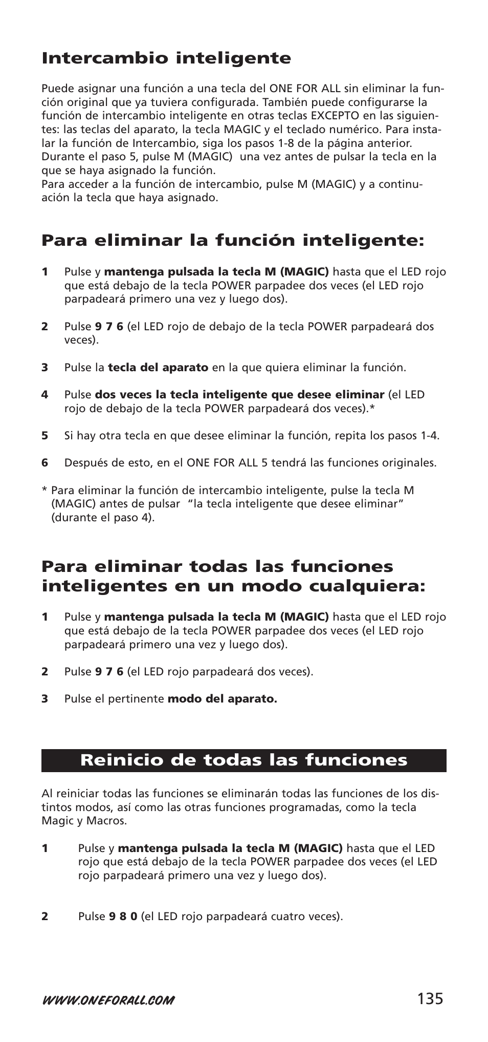 135 intercambio inteligente, Para eliminar la función inteligente, Reinicio de todas las funciones | One for All 704918 User Manual | Page 135 / 168