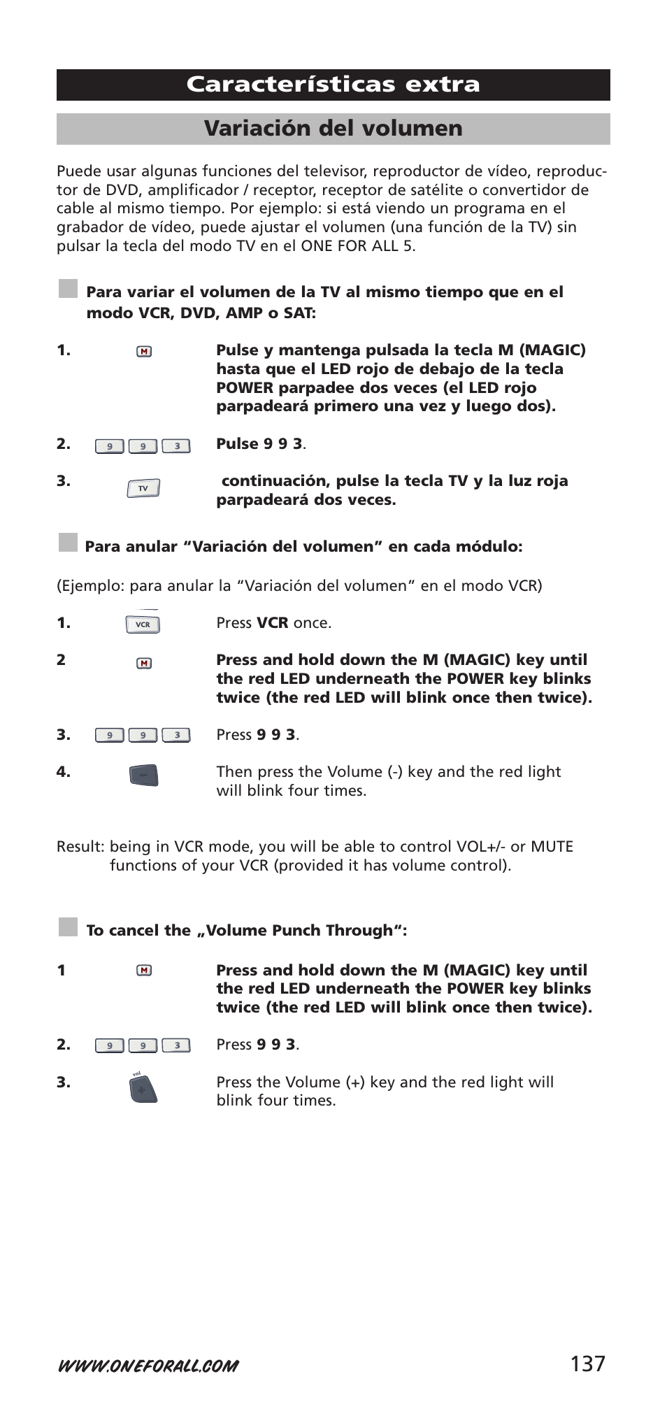 137 variación del volumen, Características extra | One for All 704918 User Manual | Page 137 / 168