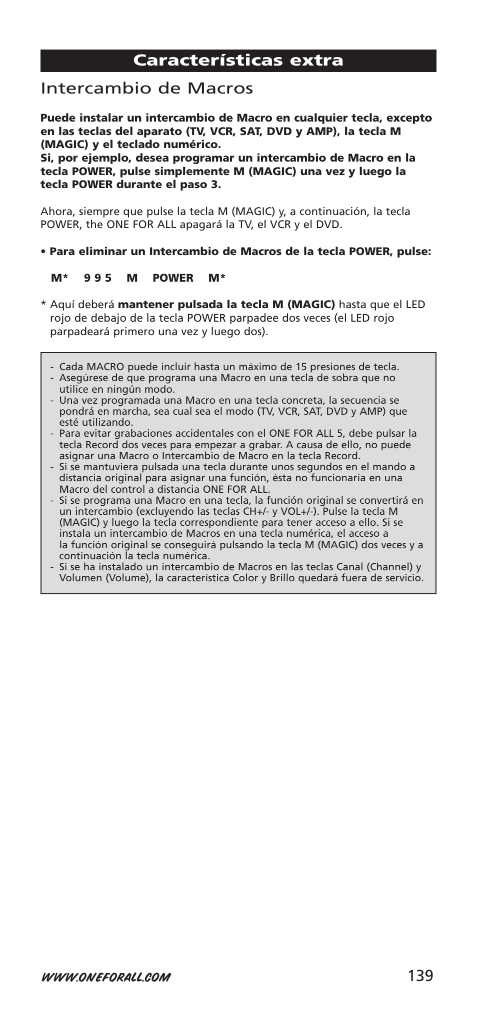 139 intercambio de macros, Características extra | One for All 704918 User Manual | Page 139 / 168