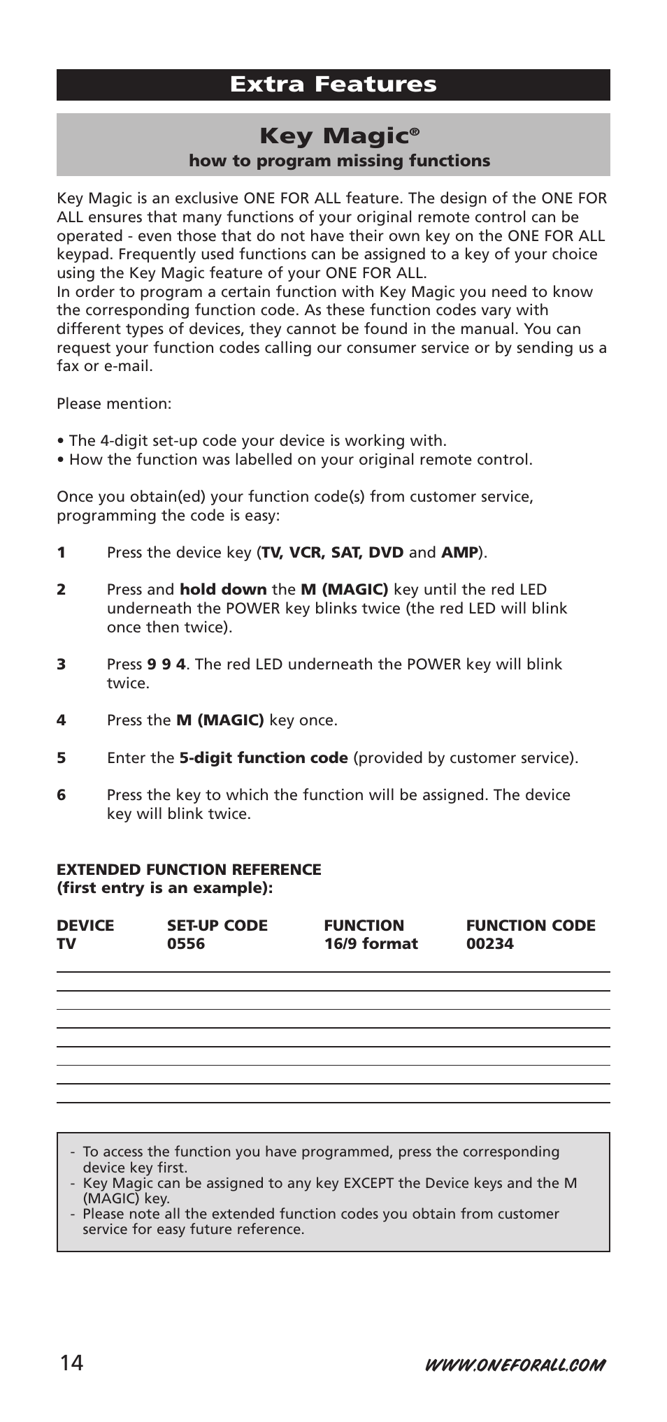 Key magic, Extra features | One for All 704918 User Manual | Page 14 / 168