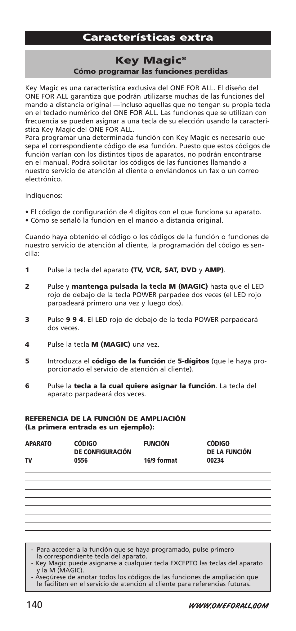 Key magic, Características extra | One for All 704918 User Manual | Page 140 / 168