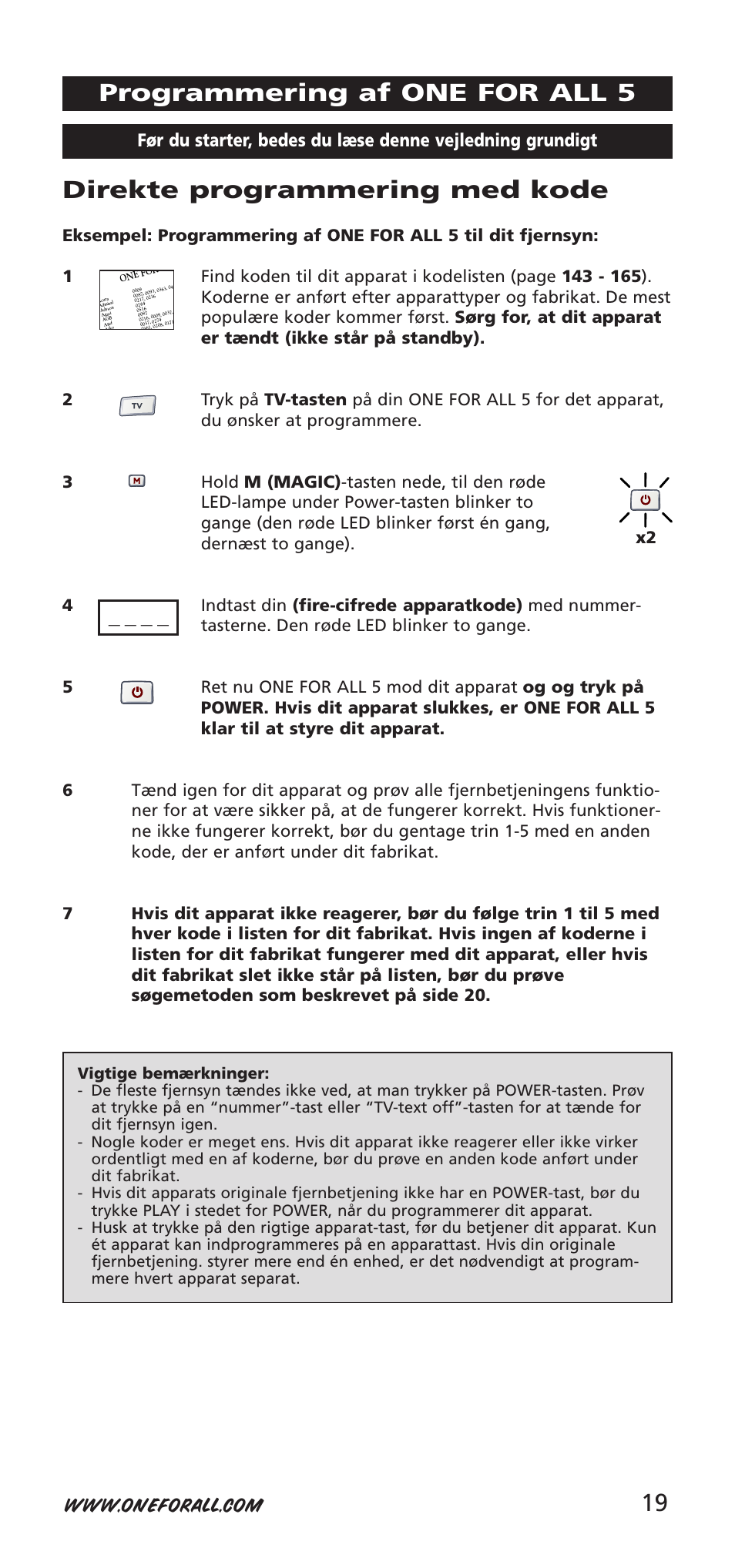 19 direkte programmering med kode, Programmering af one for all 5 | One for All 704918 User Manual | Page 19 / 168