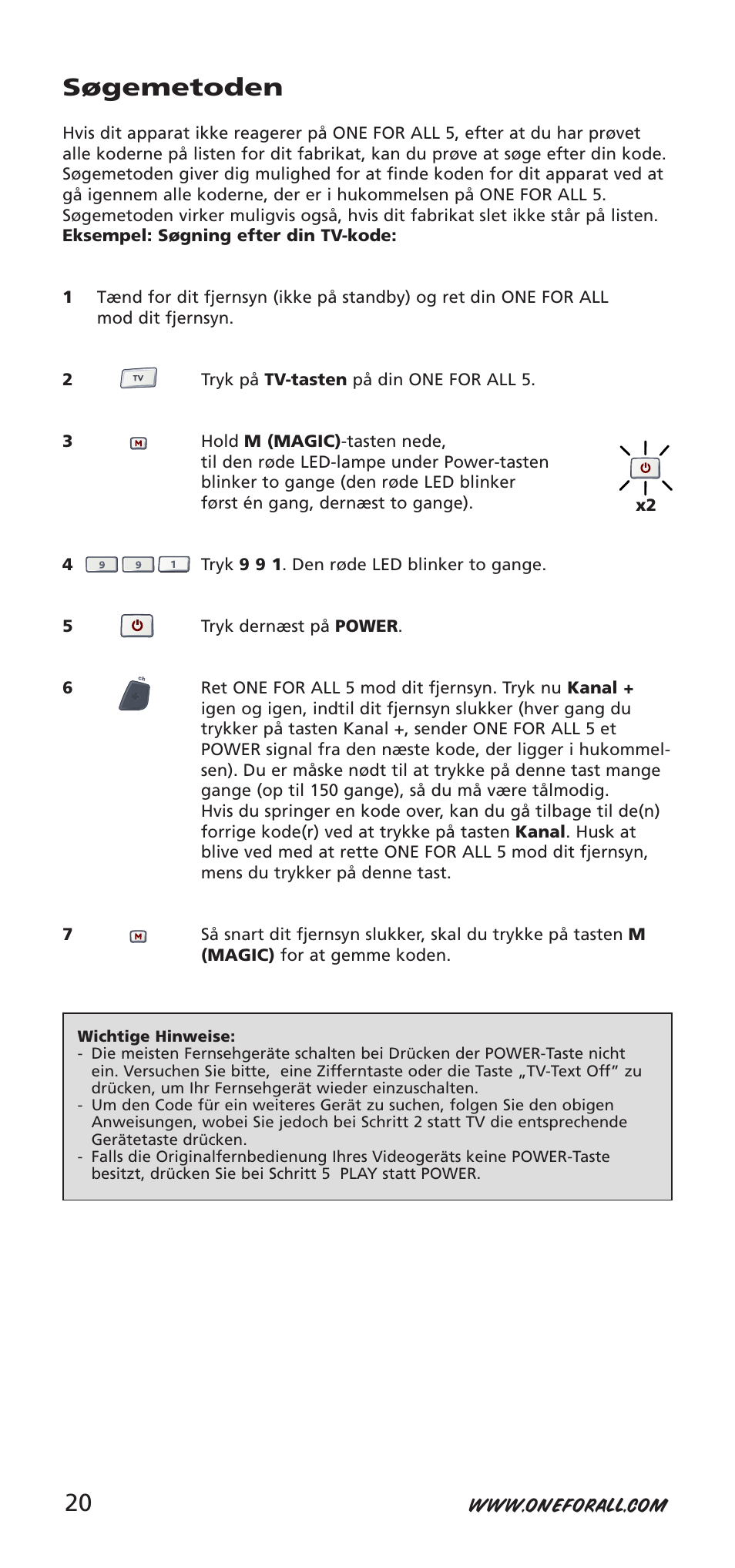 Søgemetoden | One for All 704918 User Manual | Page 20 / 168