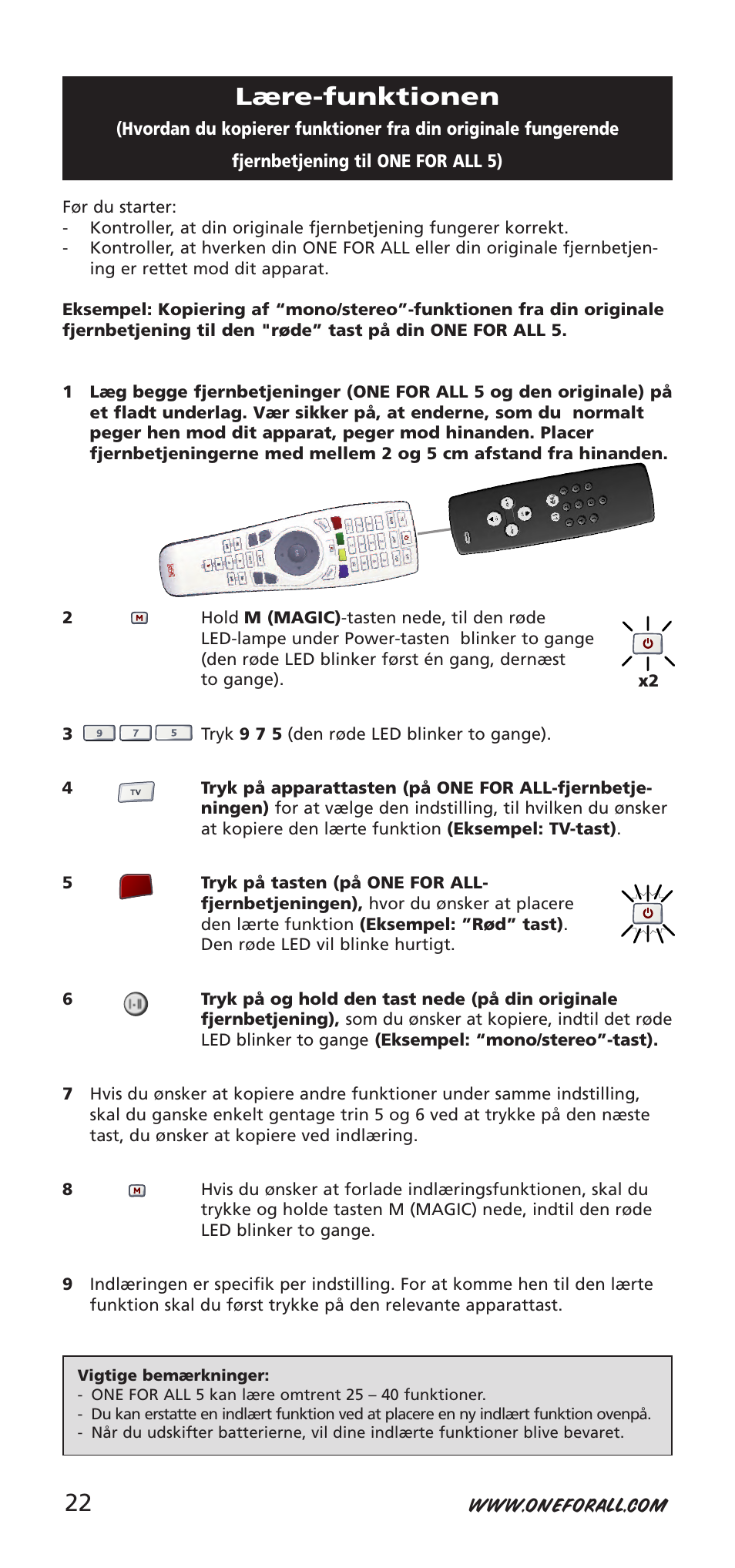 Lære-funktionen | One for All 704918 User Manual | Page 22 / 168