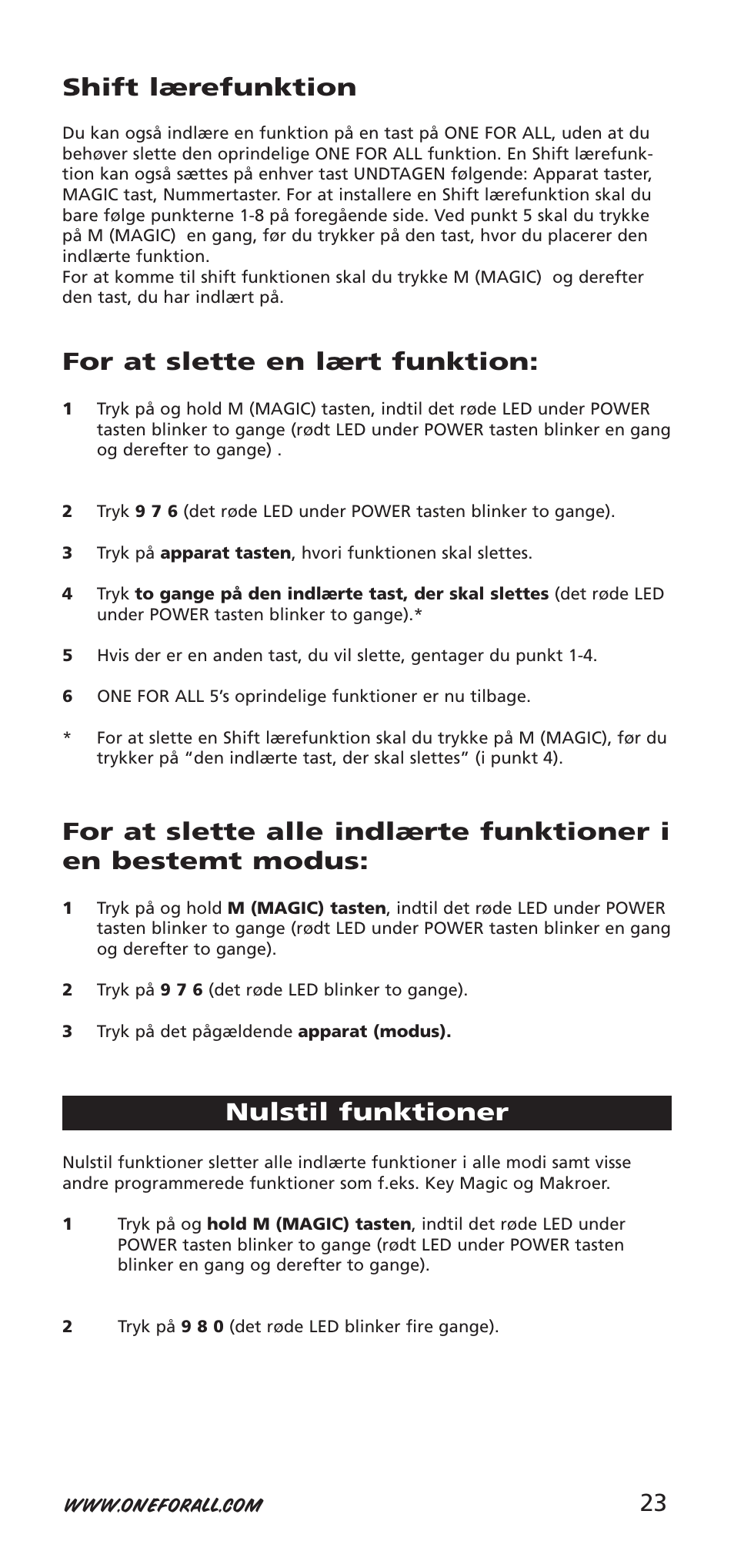 23 shift lærefunktion, For at slette en lært funktion, Nulstil funktioner | One for All 704918 User Manual | Page 23 / 168