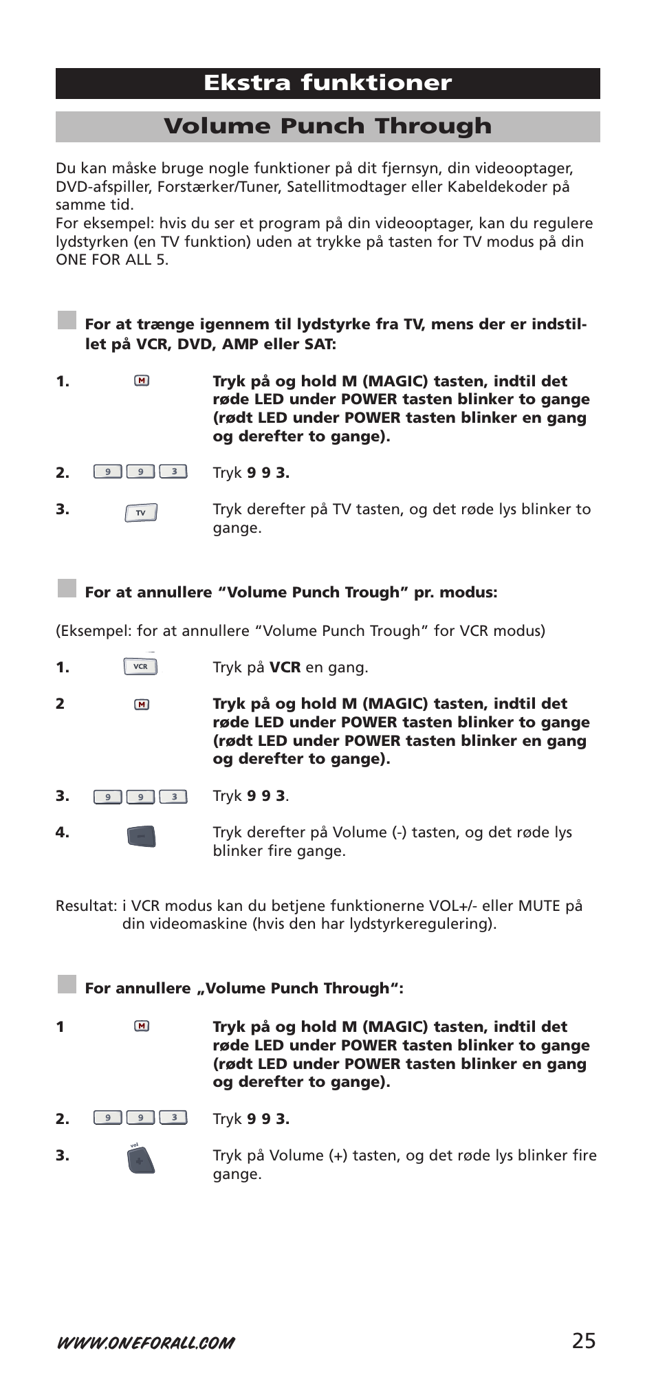 25 volume punch through, Ekstra funktioner | One for All 704918 User Manual | Page 25 / 168