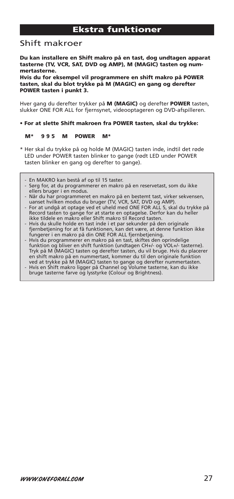 27 shift makroer, Ekstra funktioner | One for All 704918 User Manual | Page 27 / 168