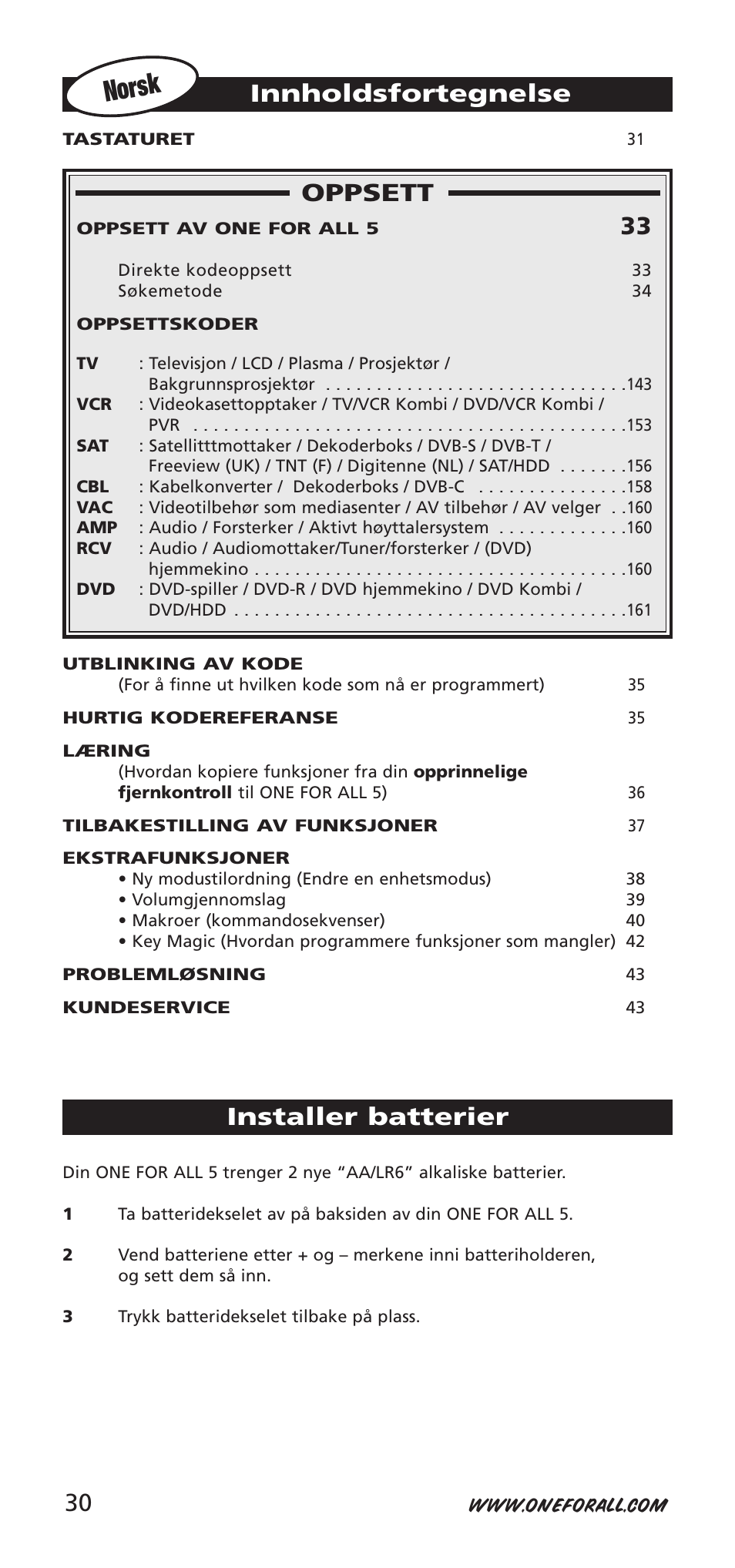 Norsk, Oppsett, Innholdsfortegnelse | Installer batterier | One for All 704918 User Manual | Page 30 / 168