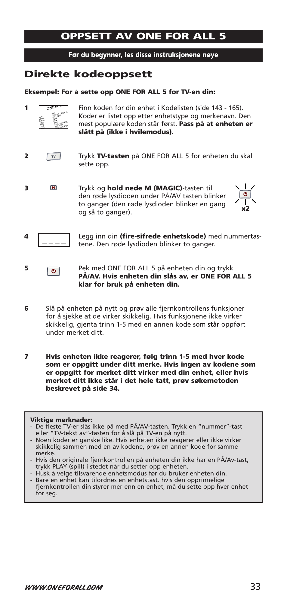 33 direkte kodeoppsett, Oppsett av one for all 5, Før du begynner, les disse instruksjonene nøye | One for All 704918 User Manual | Page 33 / 168