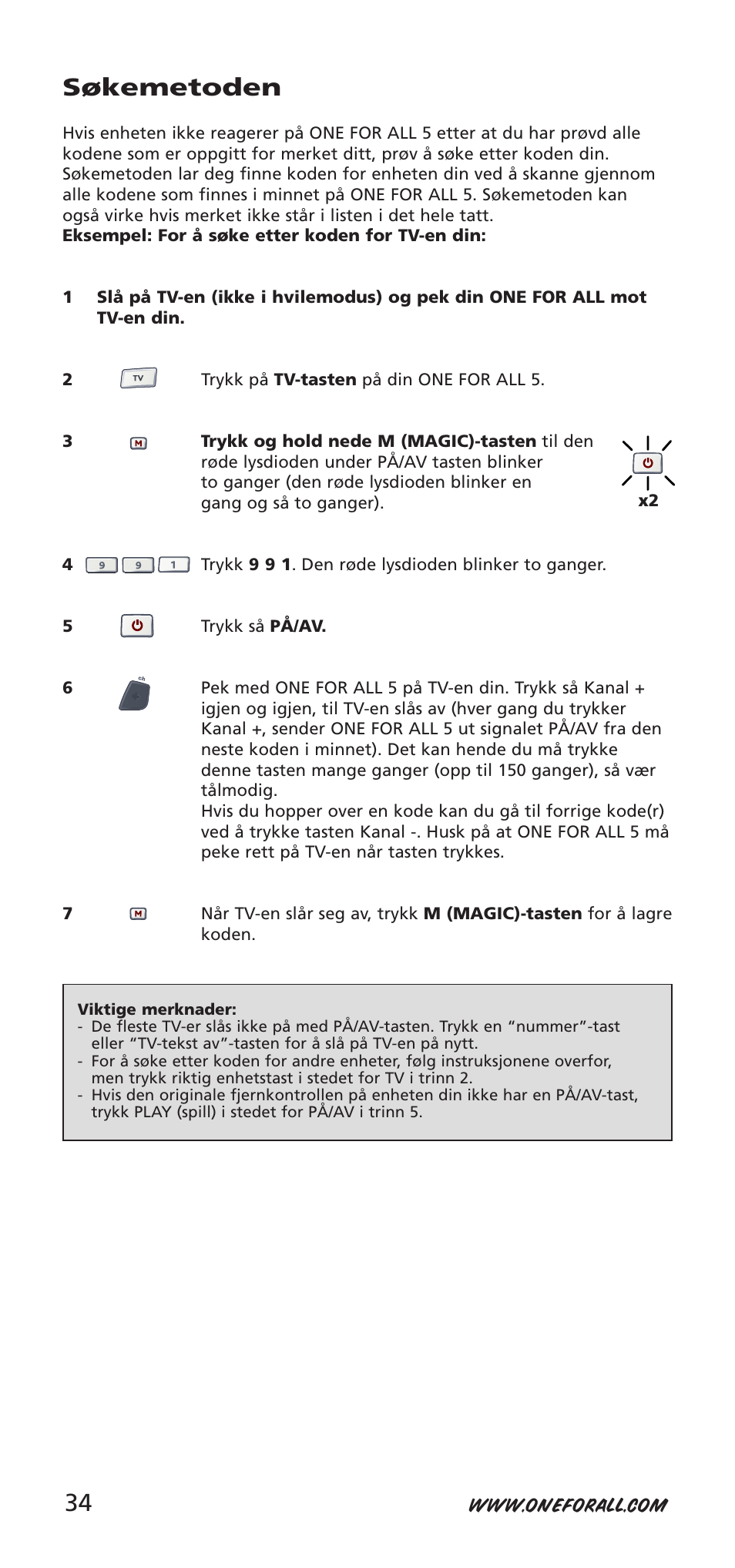 Søkemetoden | One for All 704918 User Manual | Page 34 / 168