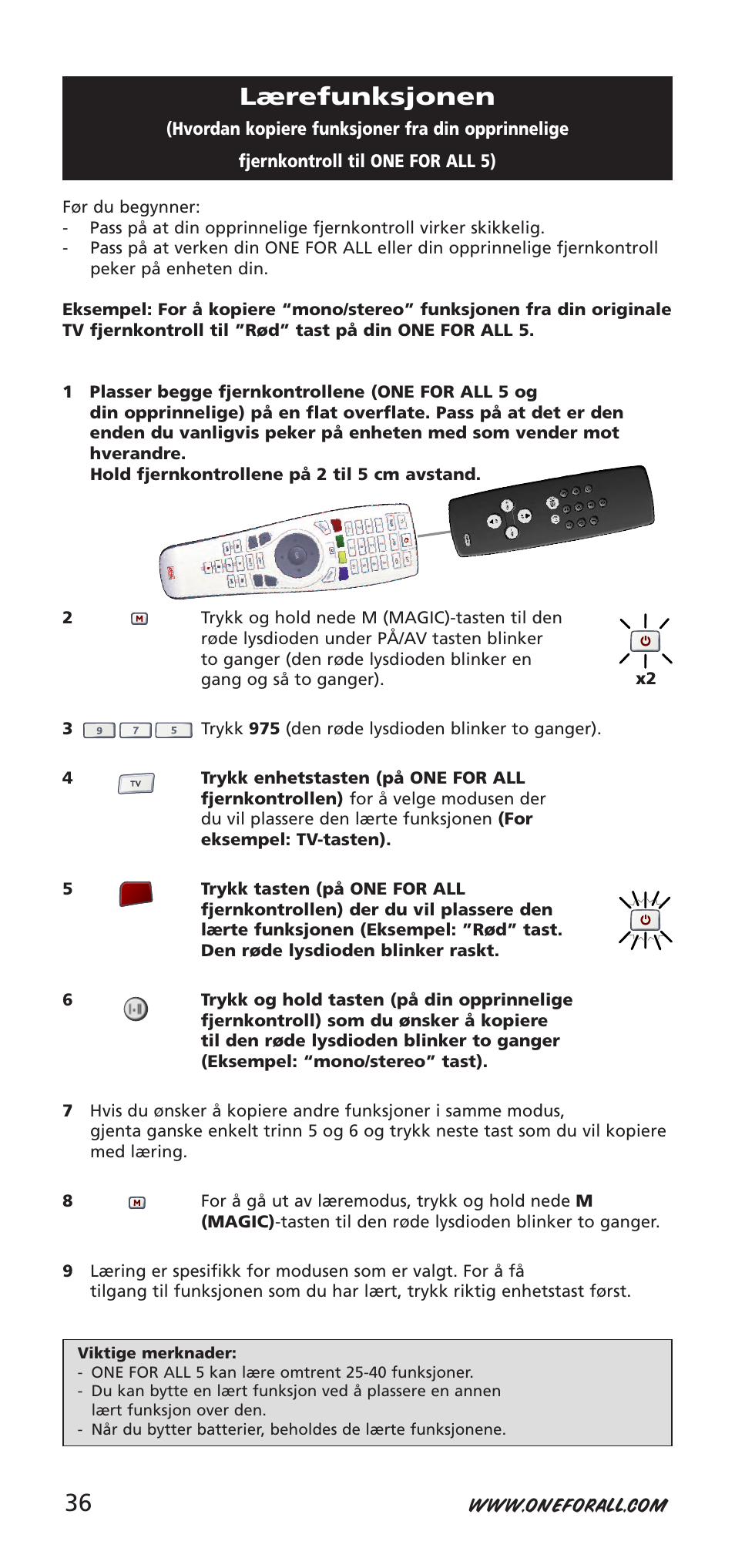 Lærefunksjonen | One for All 704918 User Manual | Page 36 / 168